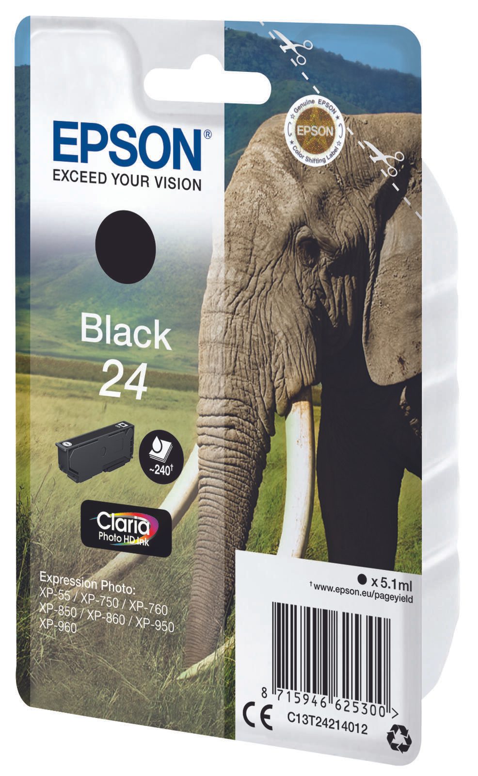 Epson Original 24 Elefant Druckerpatrone schwarz 240 Seiten 5,1ml (C13T24214012)