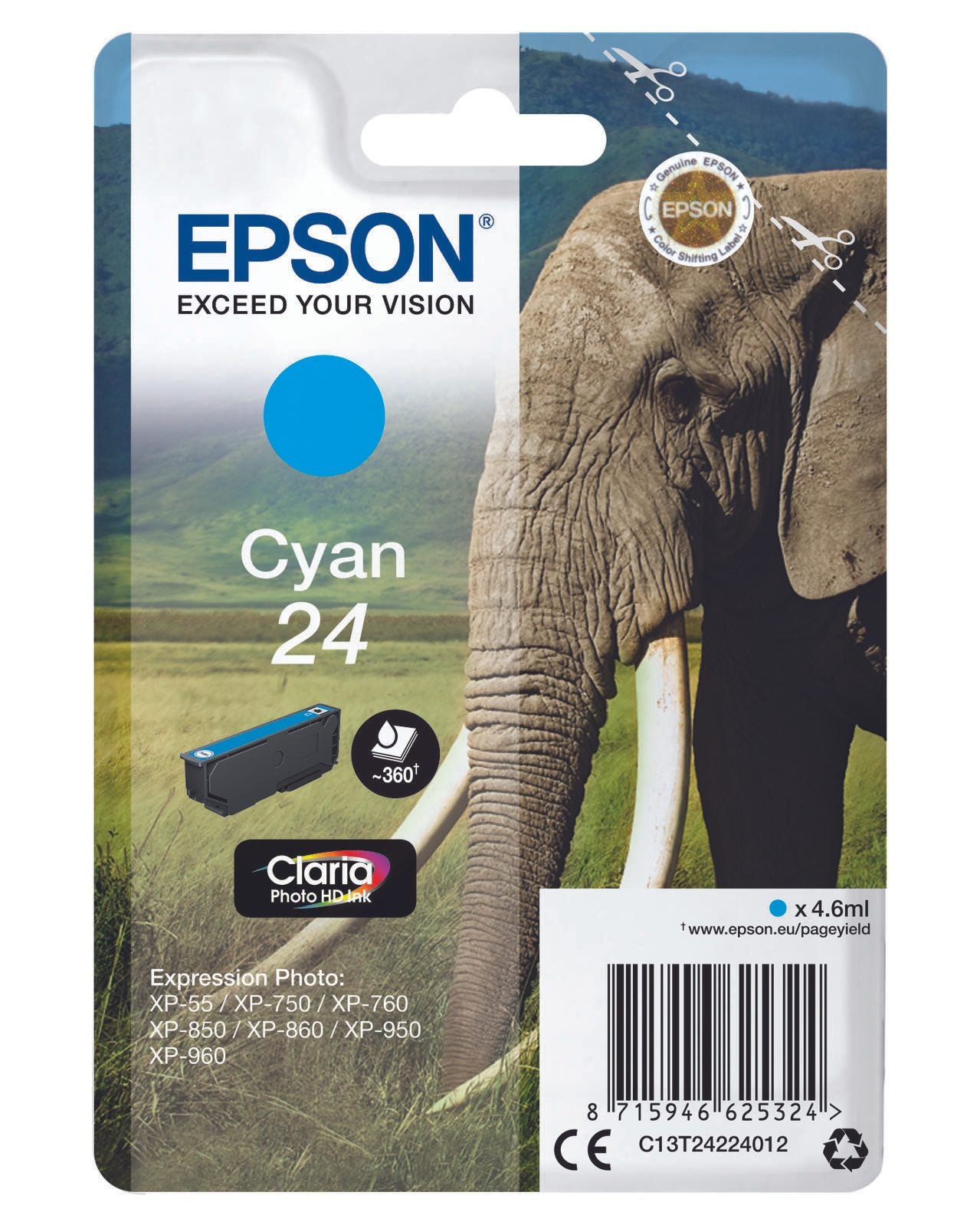 Epson Original 24 Elefant Druckerpatrone cyan 360 Seiten 4,6ml (C13T24224012)
