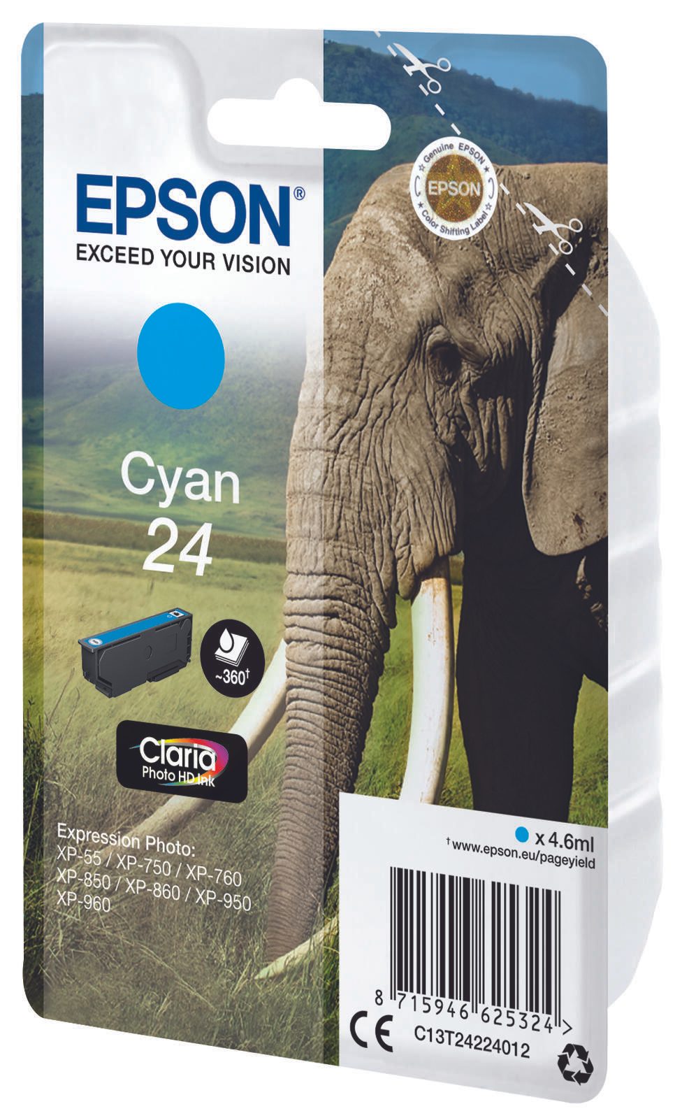 Epson Original 24 Elefant Druckerpatrone cyan 360 Seiten 4,6ml (C13T24224012)