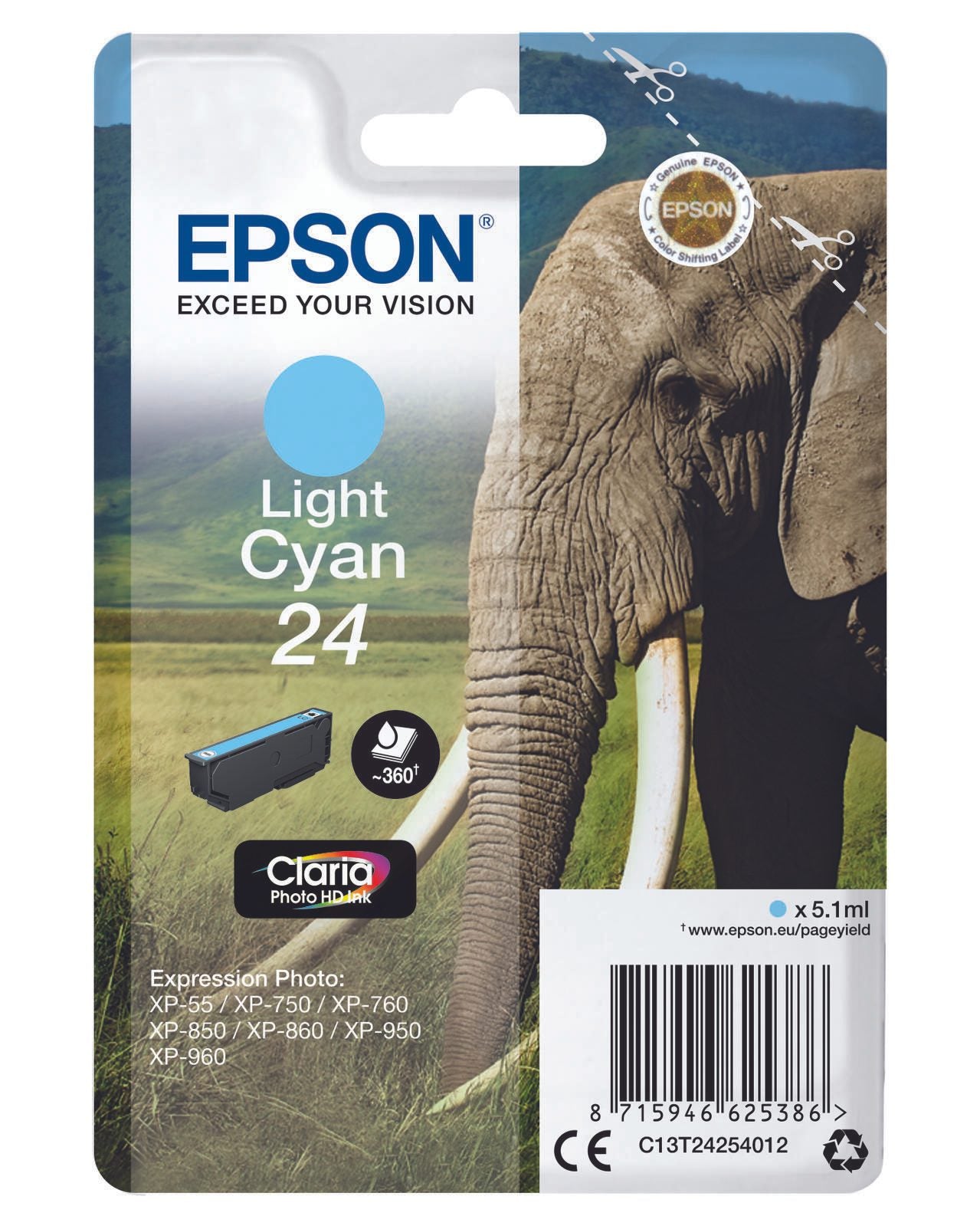 Epson Original 24 Elefant Druckerpatrone cyan hell 360 Seiten 5,1ml (C13T24254012)