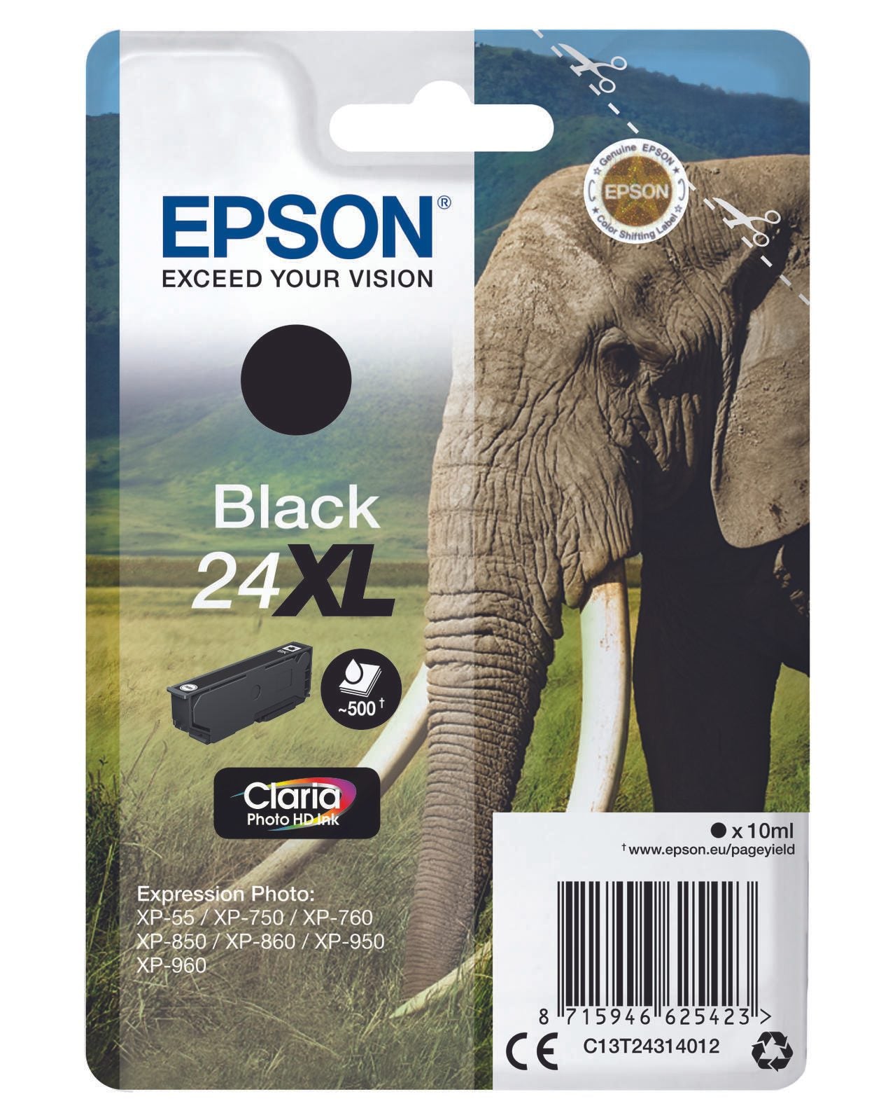 Epson Original 24XL Elefant Druckerpatrone schwarz 500 Seiten 10ml (C13T24314012)