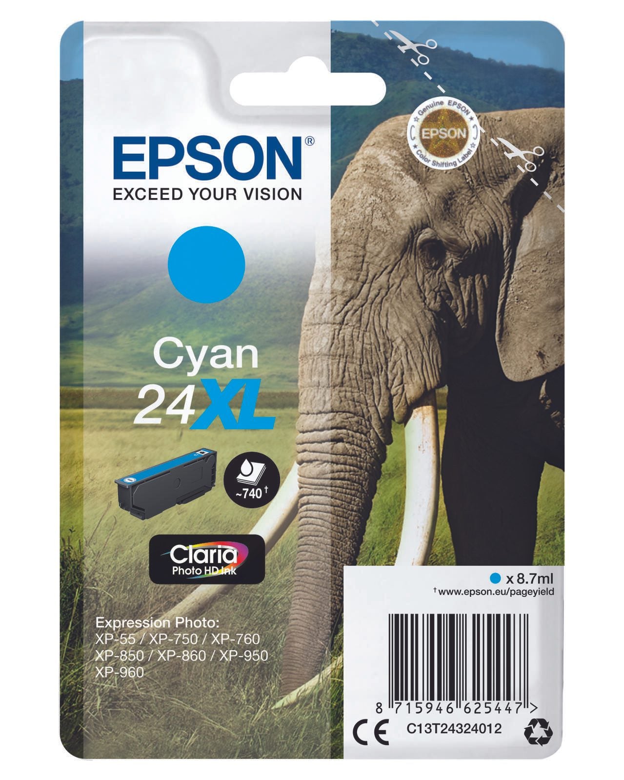 Epson Original 24XL Elefant Druckerpatrone cyan 740 Seiten 9ml (C13T24324012)