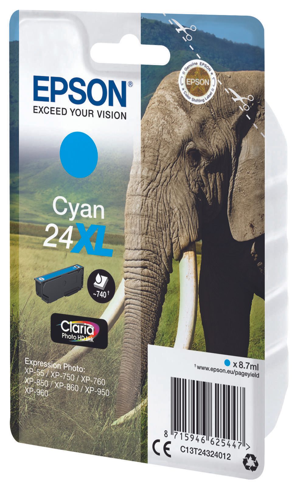 Epson Original 24XL Elefant Druckerpatrone cyan 740 Seiten 9ml (C13T24324012)
