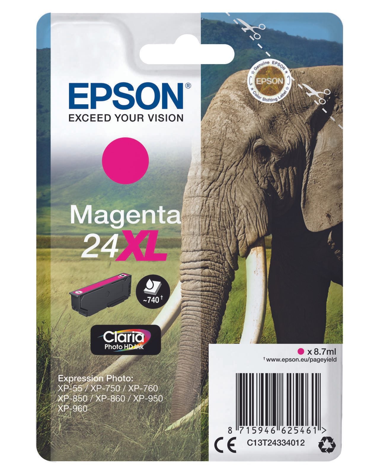 Epson Original 24XL Elefant Druckerpatrone magenta 740 Seiten 9ml (C13T24334012)