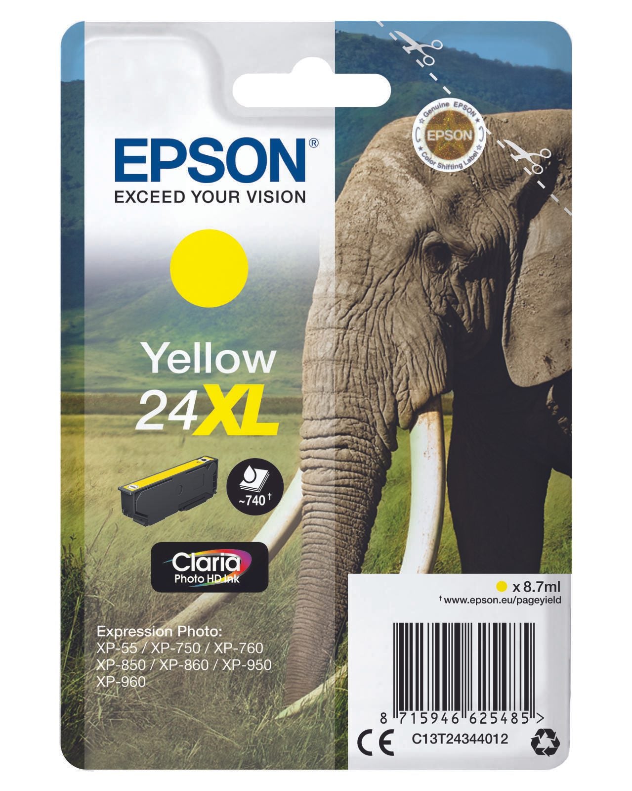 Epson Original 24XL Elefant Druckerpatrone gelb 740 Seiten 9ml (C13T24344012)