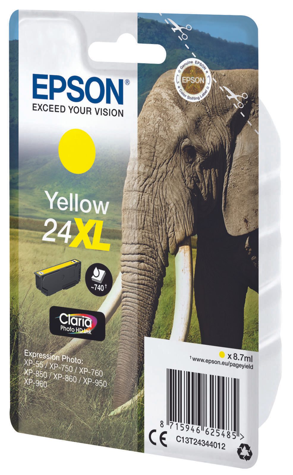 Epson Original 24XL Elefant Druckerpatrone gelb 740 Seiten 9ml (C13T24344012)