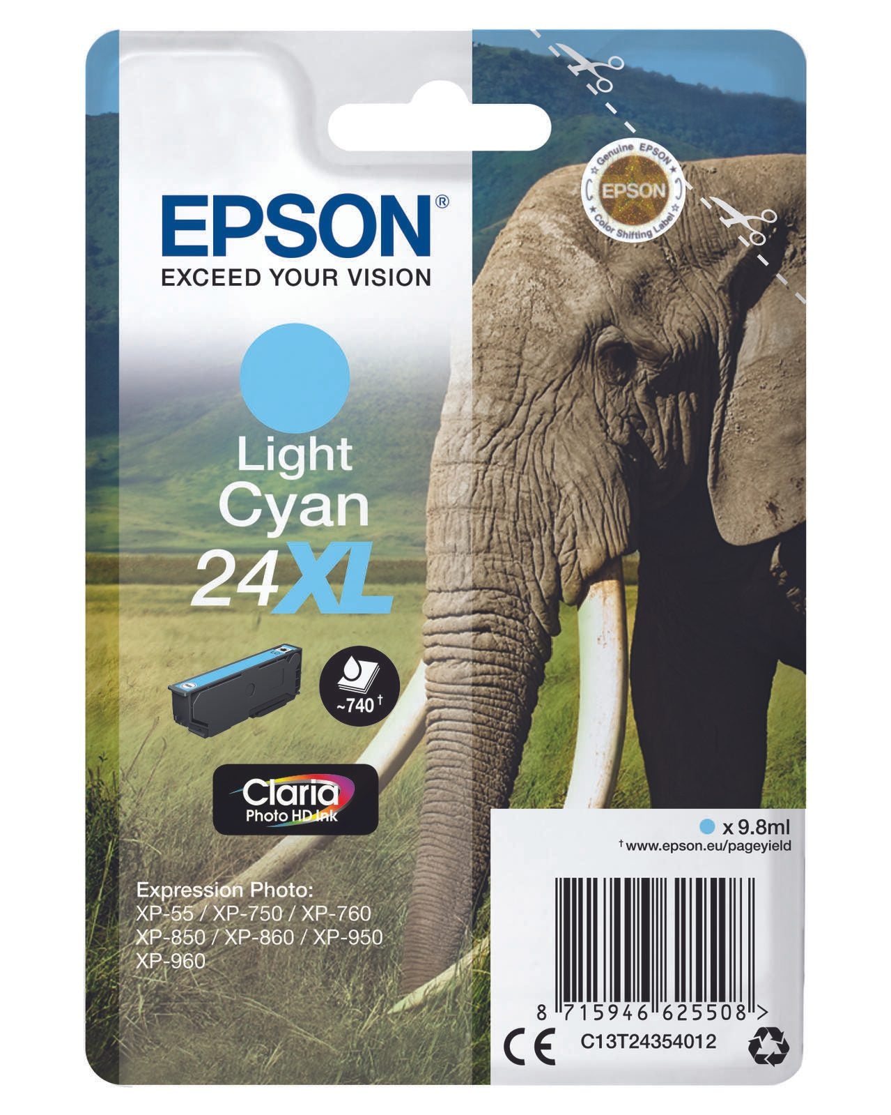 Epson Original 24XL Elefant Druckerpatrone cyan hell 740 Seiten 9,8ml (C13T24354012)