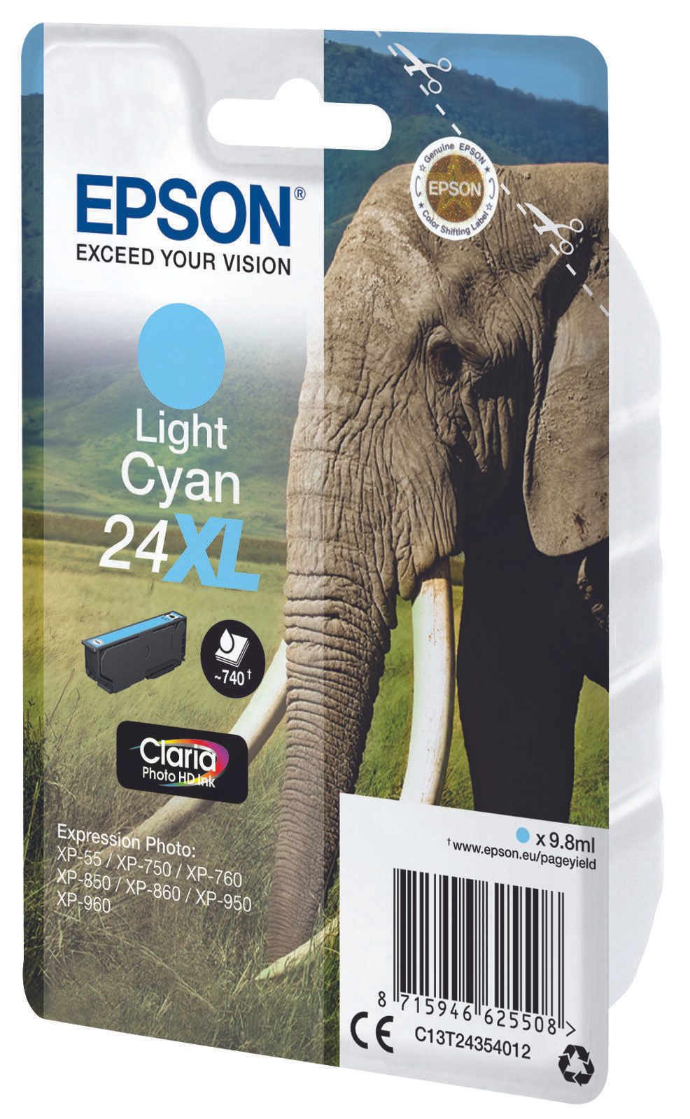 Epson Original 24XL Elefant Druckerpatrone cyan hell 740 Seiten 9,8ml (C13T24354012)