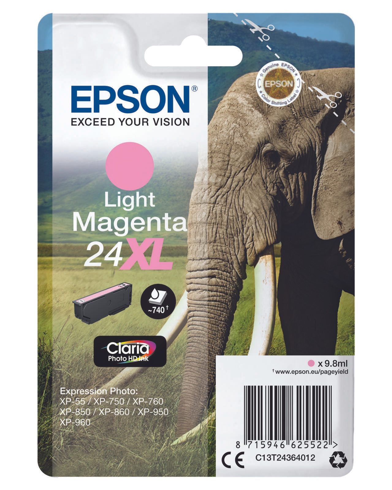 Epson Original 24XL Elefant Druckerpatrone magenta hell 740 Seiten 9,8ml (C13T24364012)
