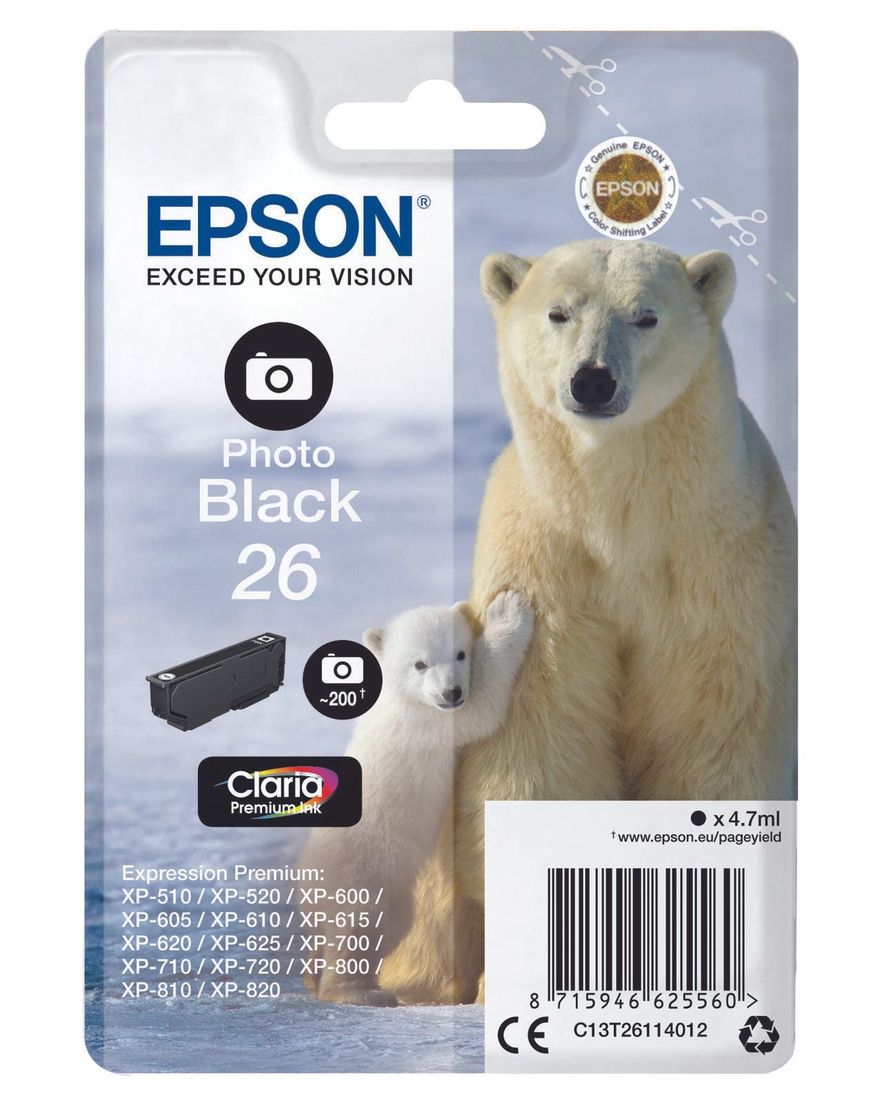 Epson Original 26 Eisbär Druckerpatrone fotoschwarz 200 Seiten 4,7ml (C13T26114012)
