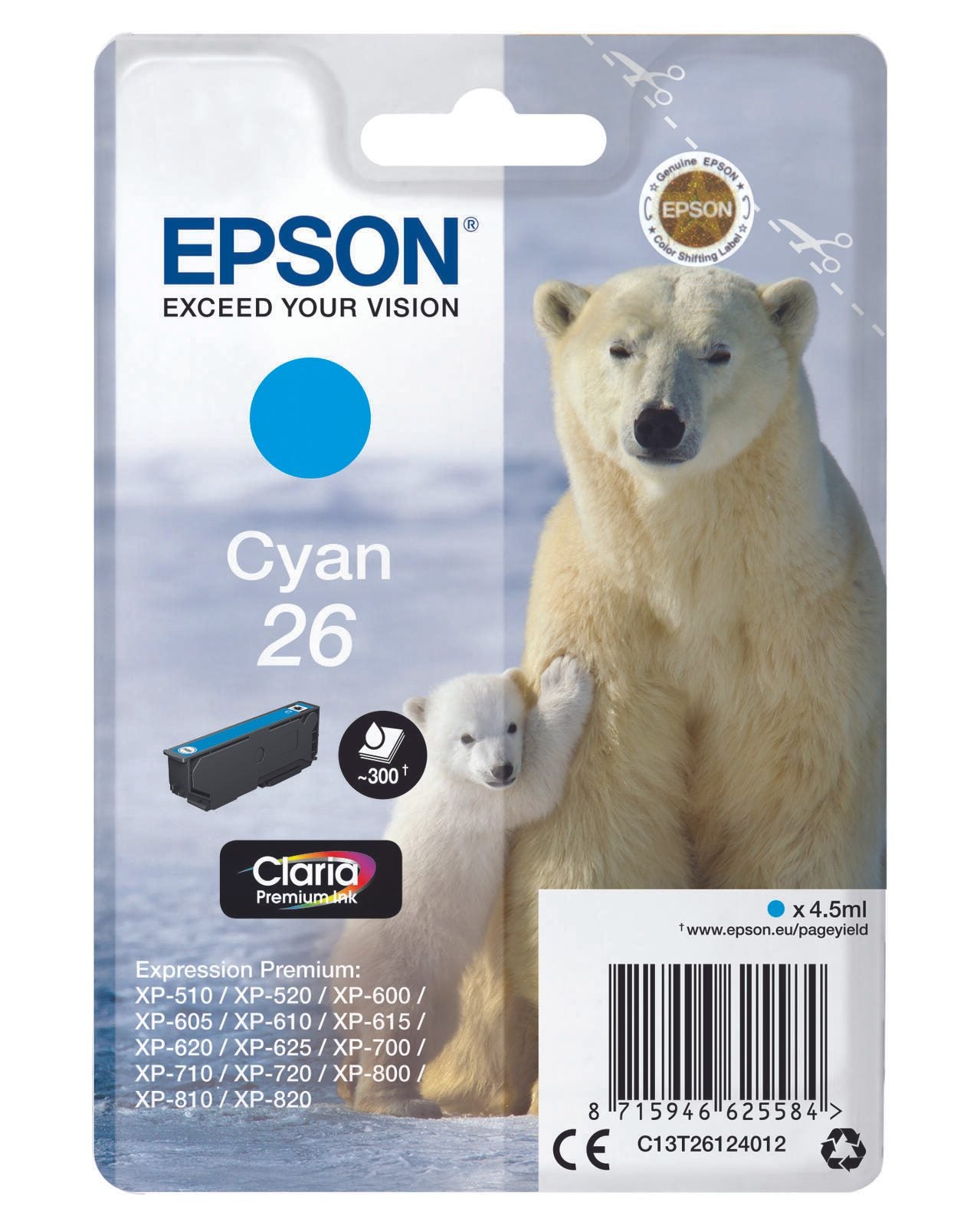 Epson Original 26 Eisbär Druckerpatrone cyan 300 Seiten 4,5ml (C13T26124012)