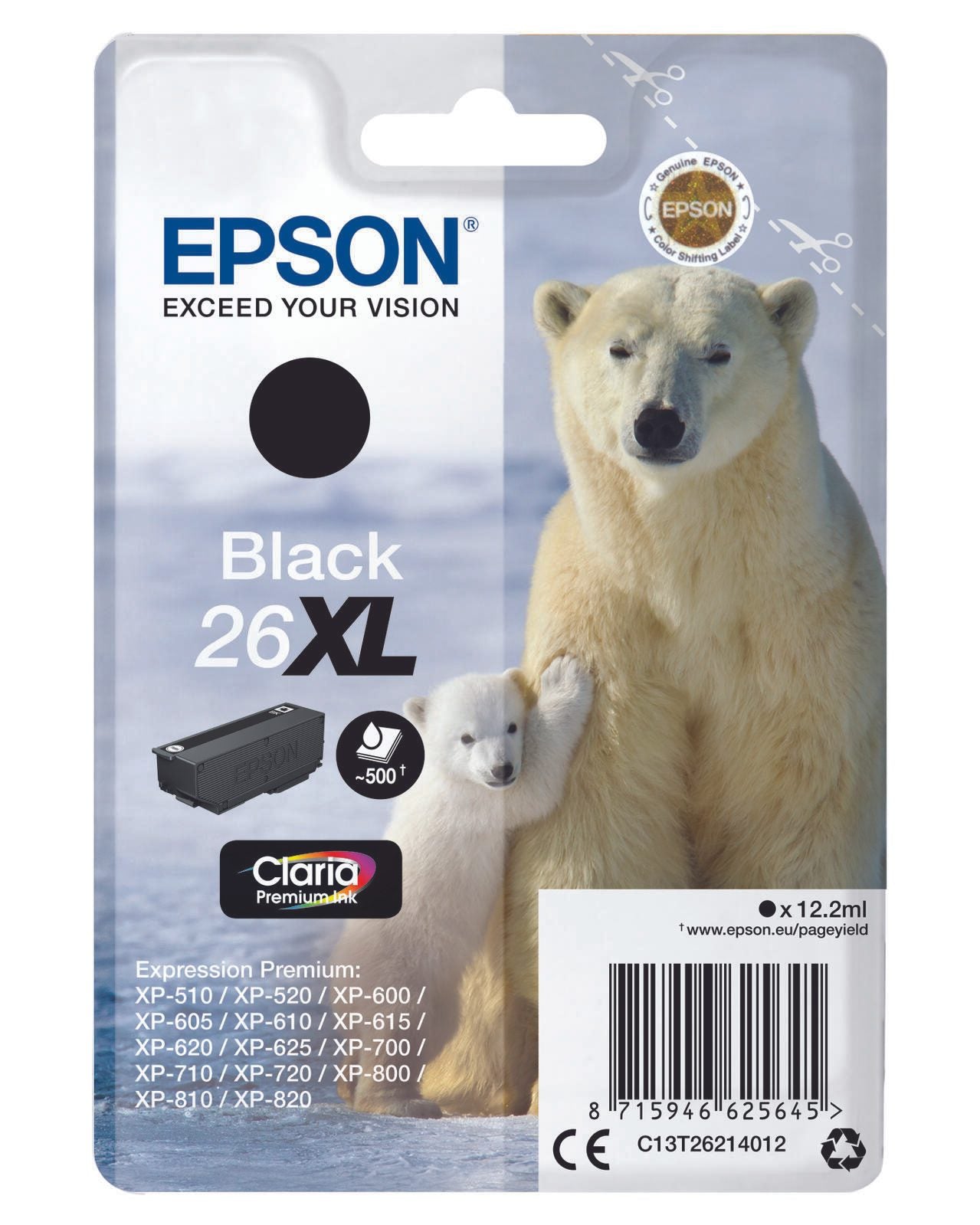 Epson Original 26XL Eisbär Druckerpatrone schwarz 500 Seiten 12,2ml (C13T26214012)