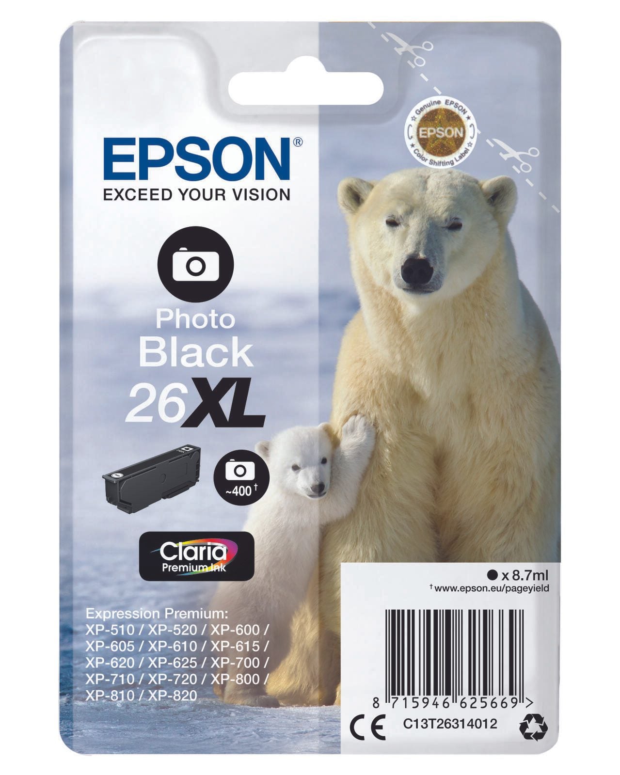 Epson Original 26XL Eisbär Druckerpatrone schwarz hell 400 Seiten 8,7ml (C13T26314012)