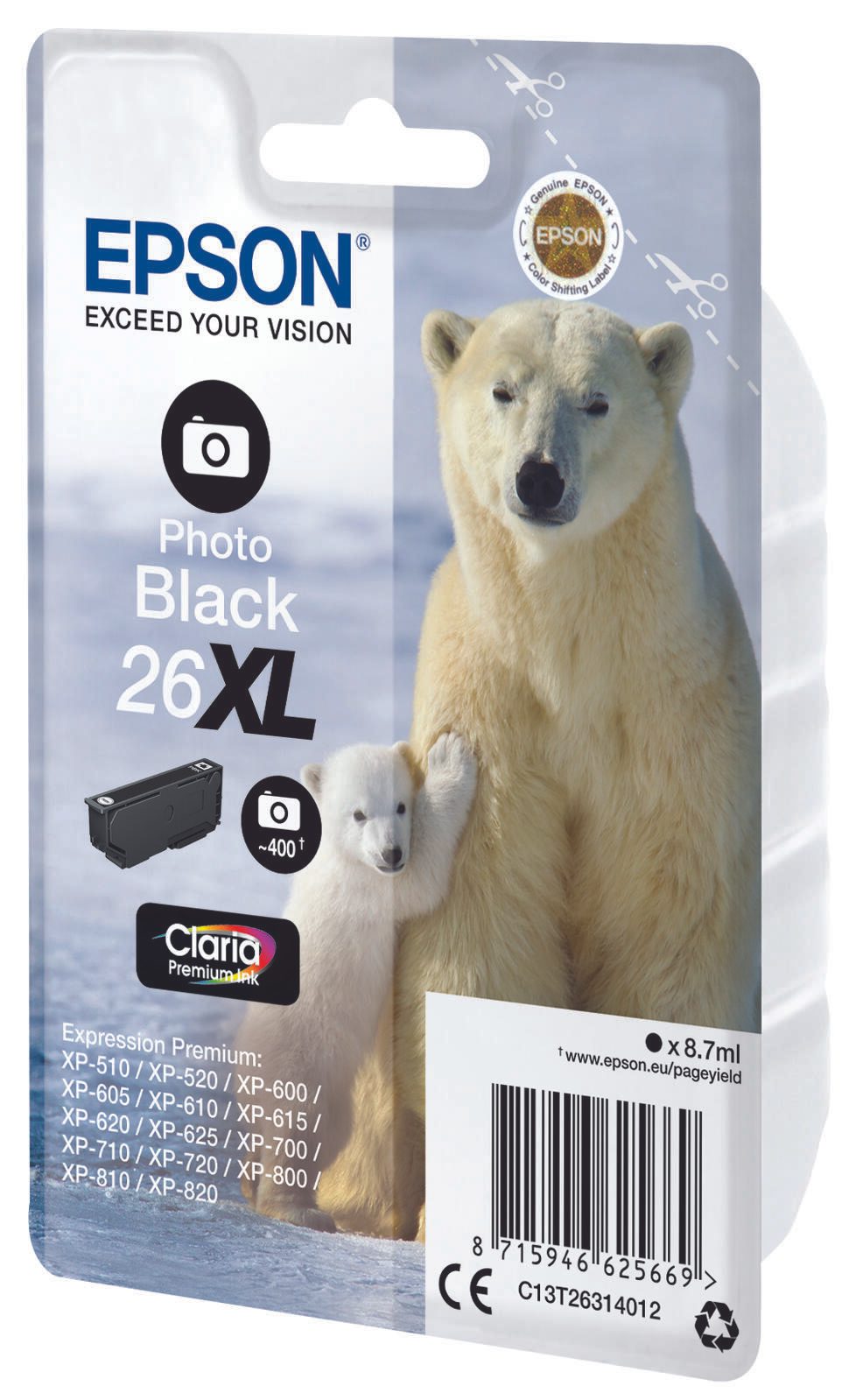 Epson Original 26XL Eisbär Druckerpatrone schwarz hell 400 Seiten 8,7ml (C13T26314012)
