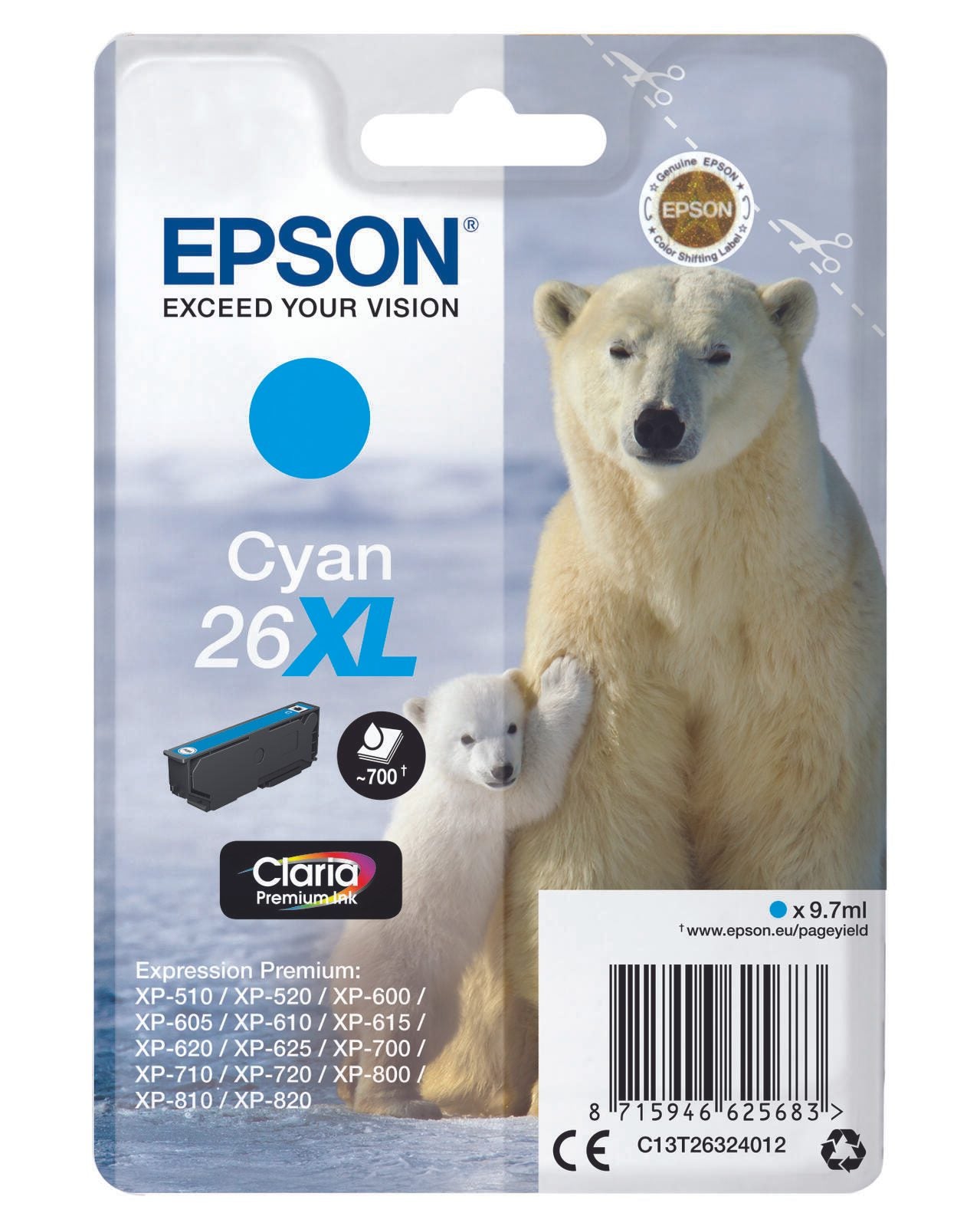 Epson Original 26XL Eisbär Druckerpatrone cyan 700 Seiten 9,7ml (C13T26324012)