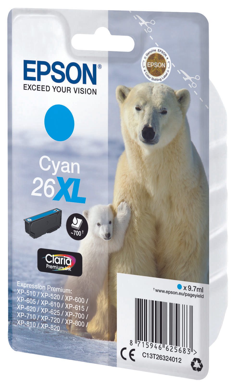Epson Original 26XL Eisbär Druckerpatrone cyan 700 Seiten 9,7ml (C13T26324012)