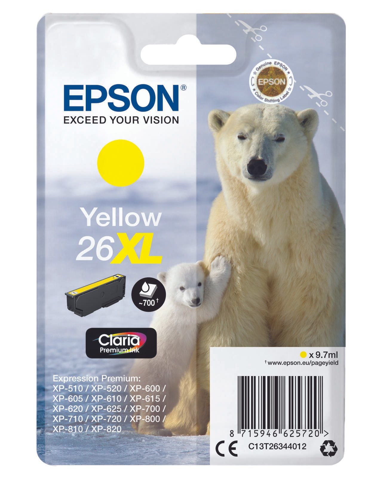 Epson Original 26XL Eisbär Druckerpatrone gelb 700 Seiten 9,7ml (C13T26344012)