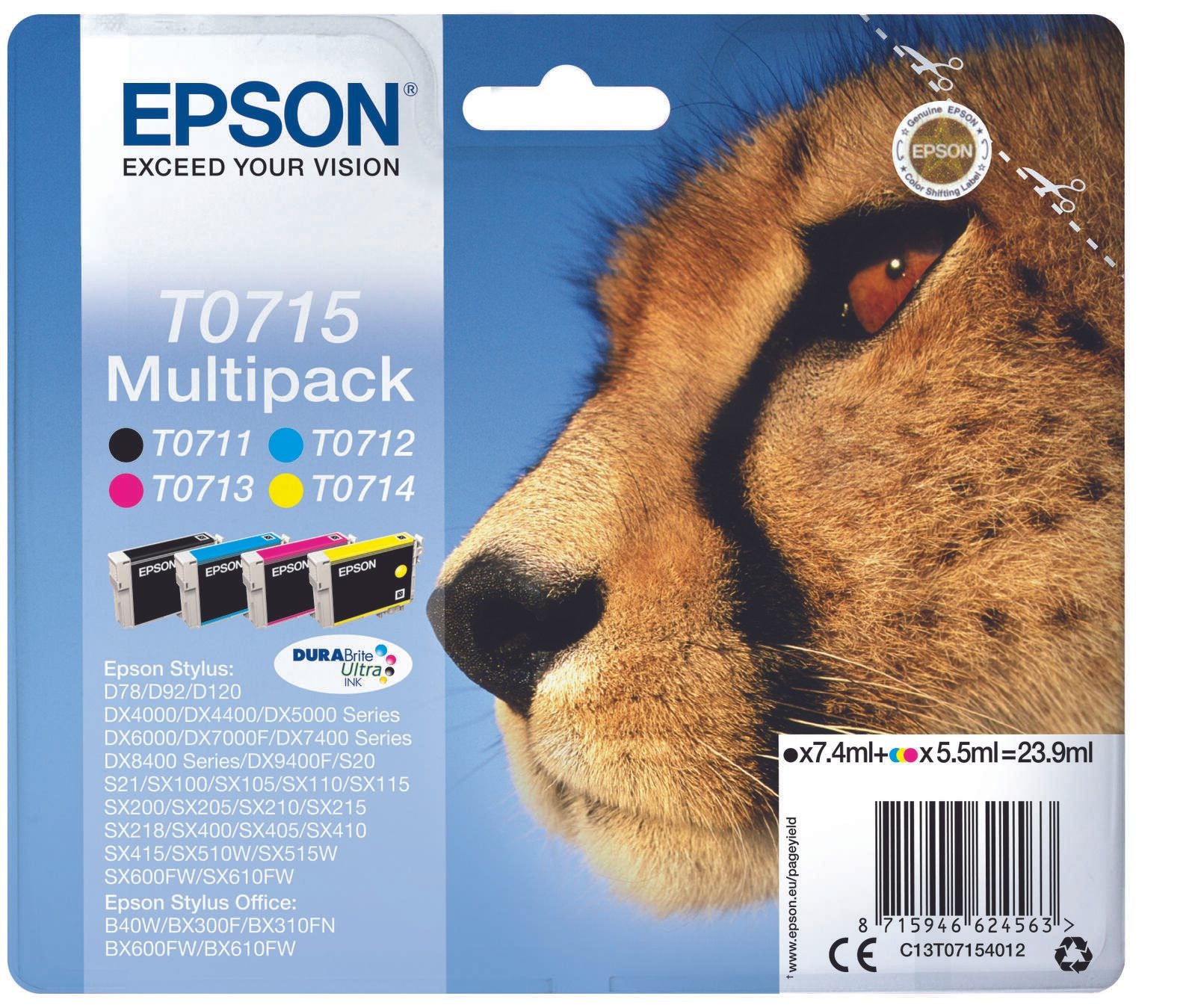 Epson Original T0715 Gepard Druckerpatronen - 4er Multipack (C13T07154012)