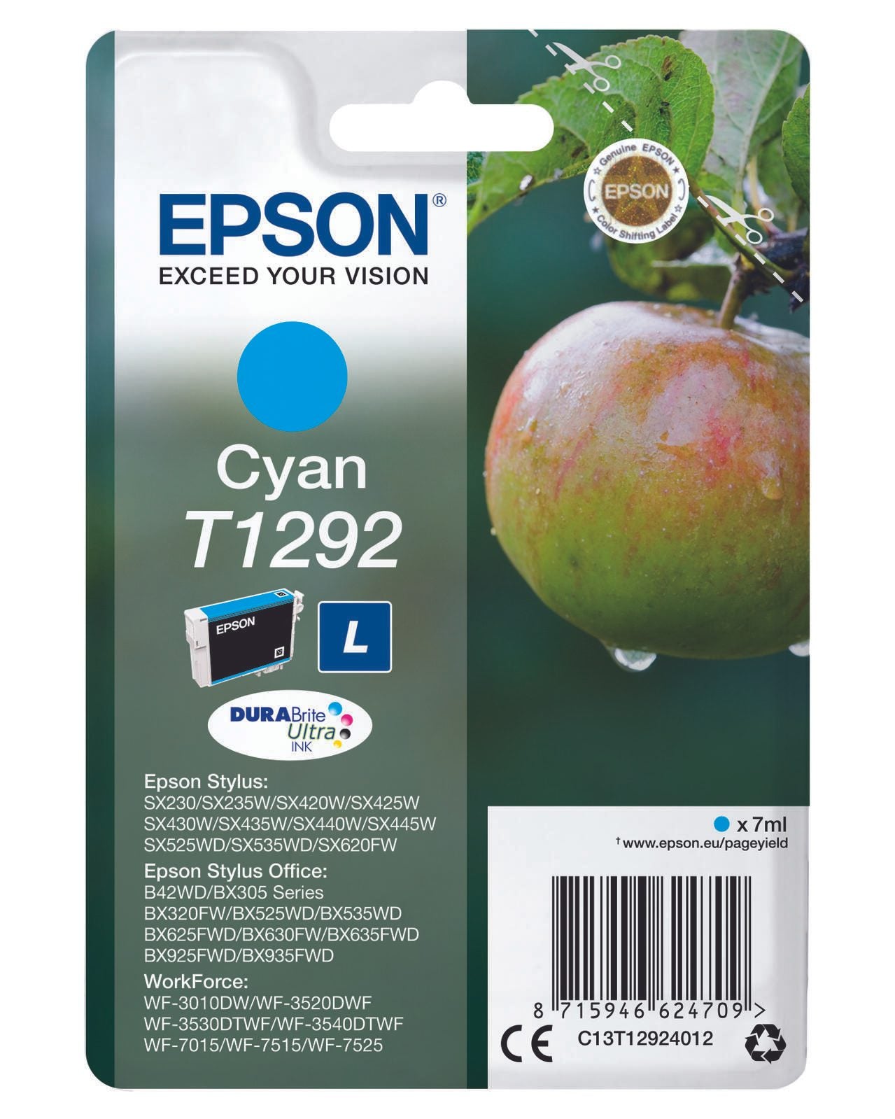 Epson Original T1292 Apfel Druckerpatrone cyan 474 Seiten 7ml (C13T12924012)