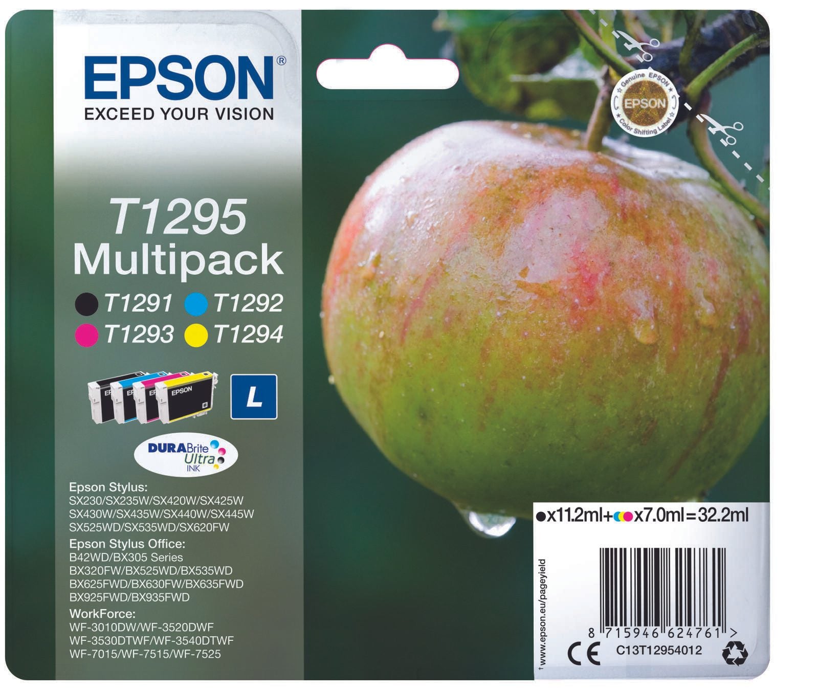 Epson Original T1295 Apfel Druckerpatronen 4er Multipack BK/C/M/Y (C13T12954012)