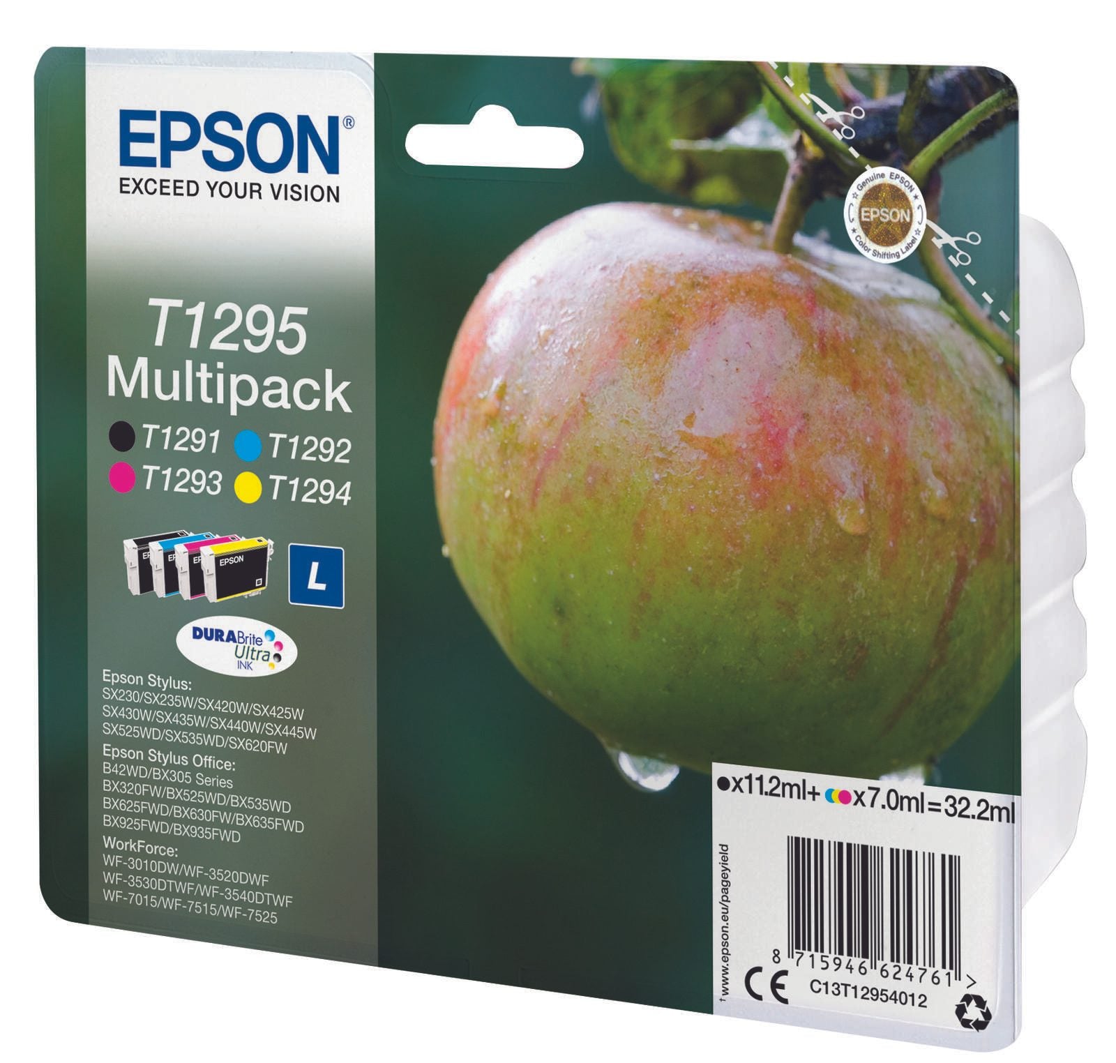 Epson Original T1295 Apfel Druckerpatronen 4er Multipack BK/C/M/Y (C13T12954012)