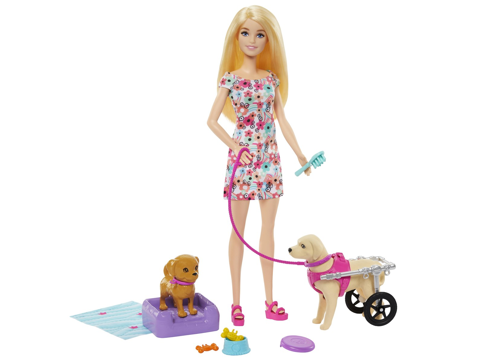 Barbie Doll with Pup and Dog in a Wheelchair