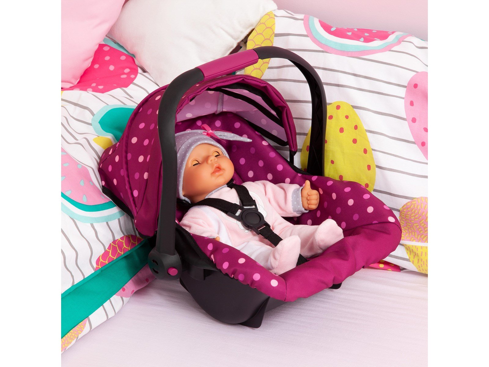 Bayer Design Deluxe Car Seat with Canopy for Dolls  - Rose w/ dots