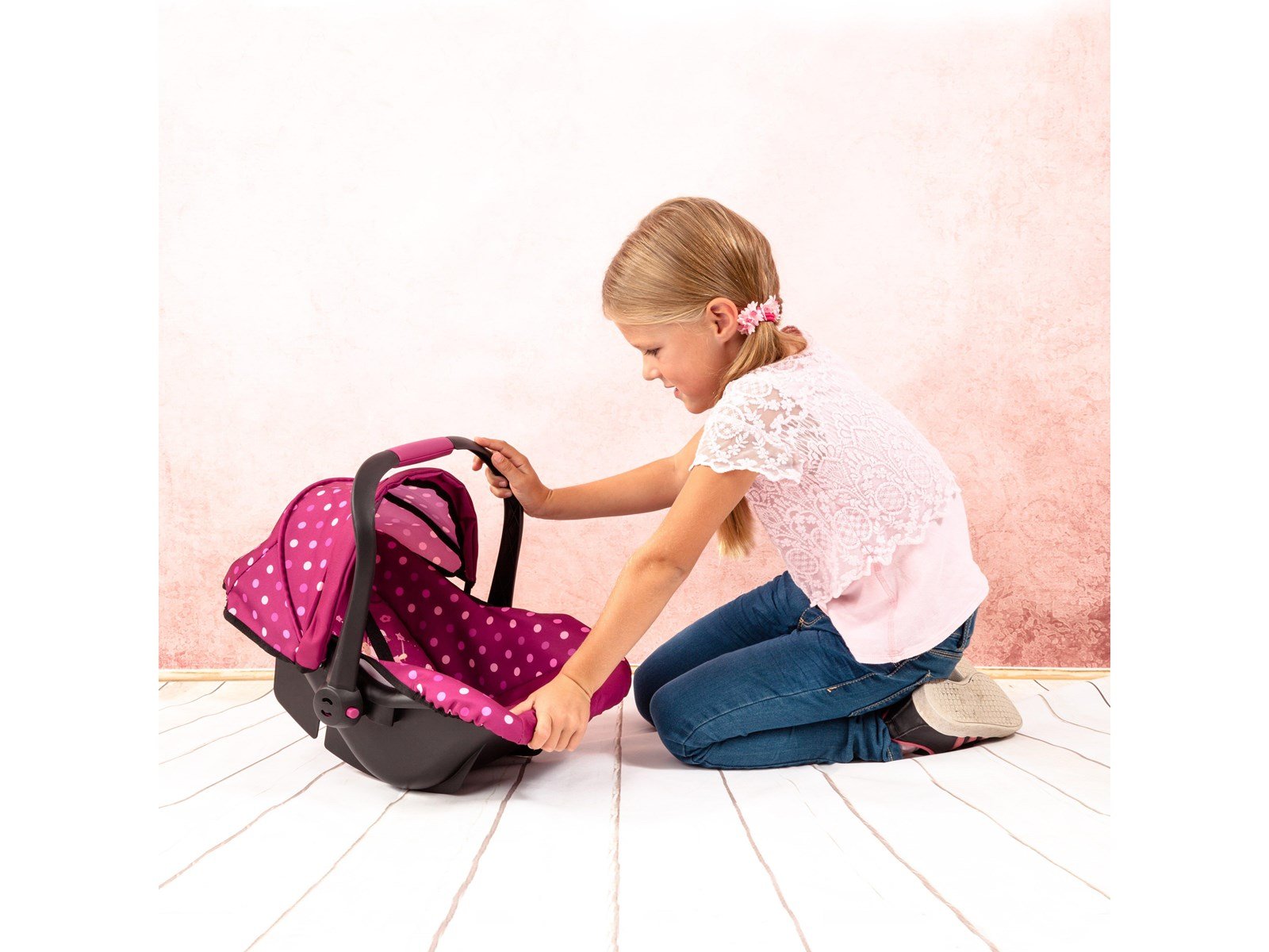 Bayer Design Deluxe Car Seat with Canopy for Dolls  - Rose w/ dots