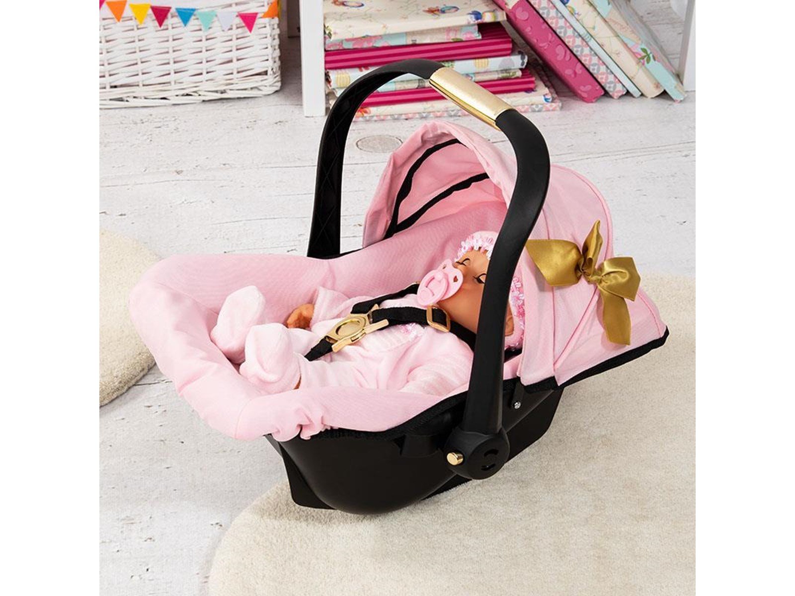 Bayer Design Deluxe Car Seat with Canopy for Dolls - Pink w/ Gold Bow (67990AA)