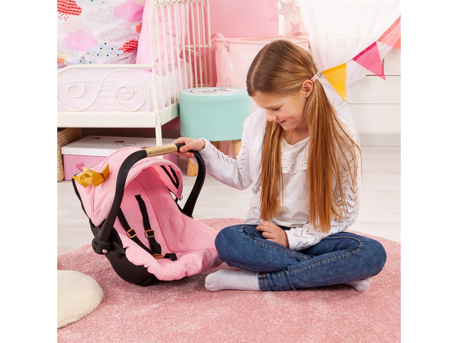 Bayer Design Deluxe Car Seat with Canopy for Dolls - Pink w/ Gold Bow (67990AA)