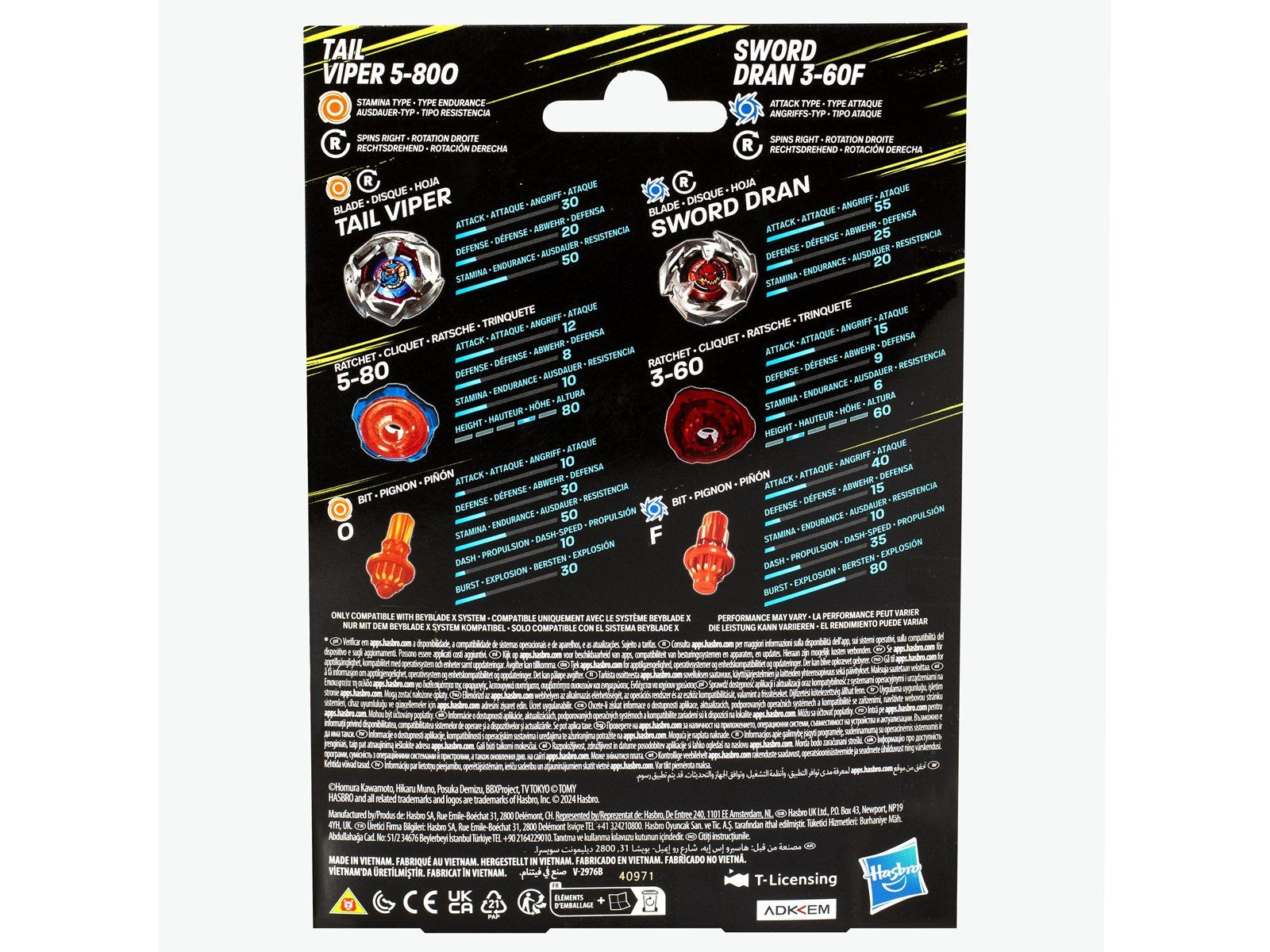 Beyblade X Tail Viper 5-80O and Sword Dran 3-60F Top Dual Pack Set Ages 8+