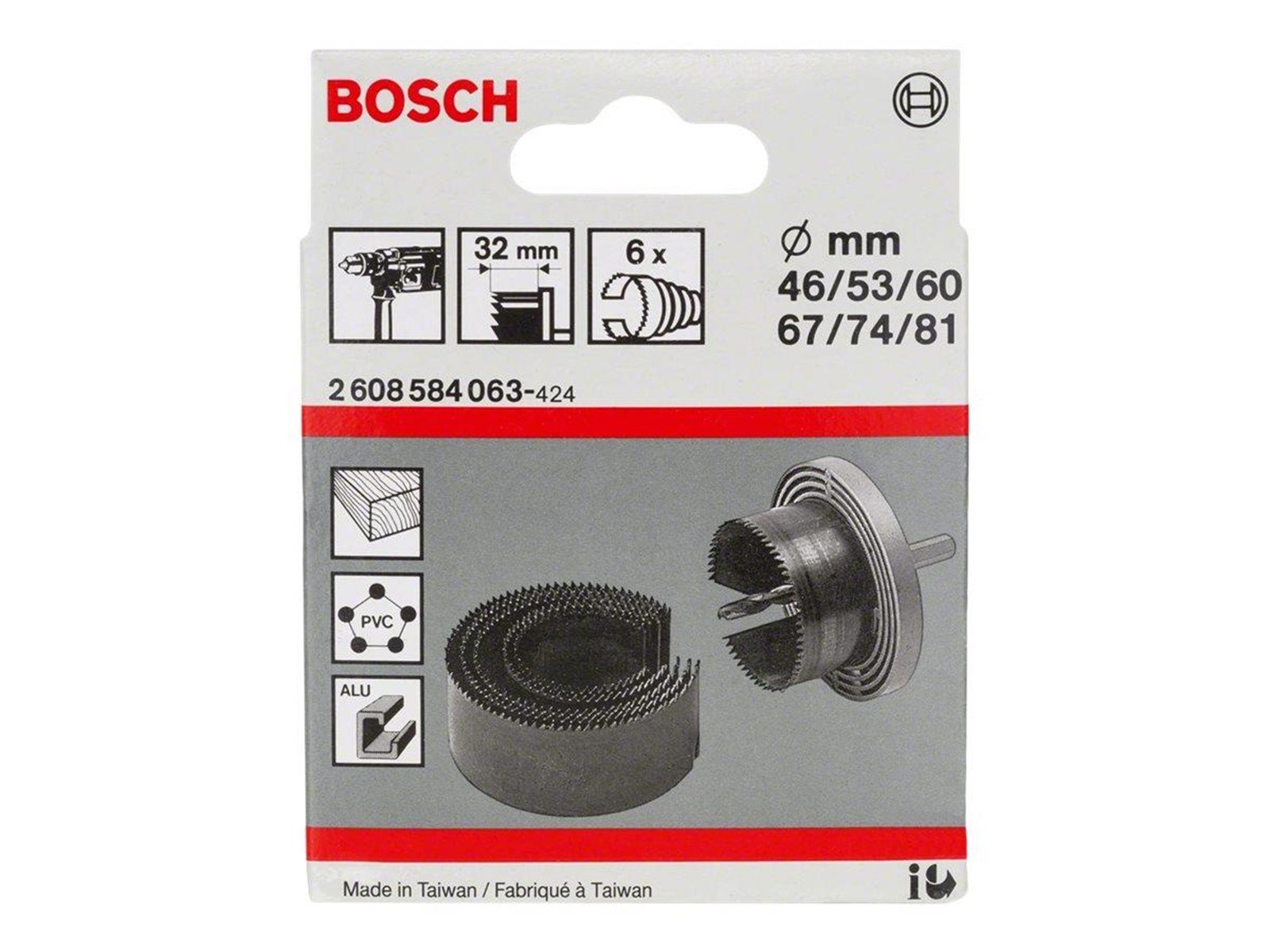 Bosch hole saw set - for wood plastic aluminium non-ferrous metal softwood hardwood copper wood veneer polyvinyl chloride (PVC)
