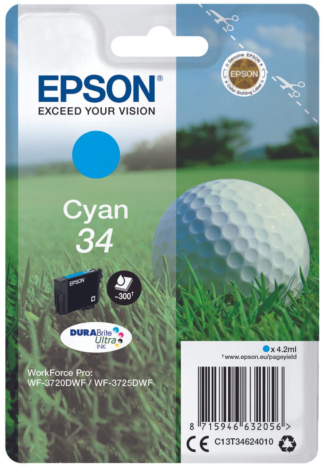 Epson Original 34 Golfball Druckerpatrone cyan 300 Seiten 4,2ml (C13T34624010)