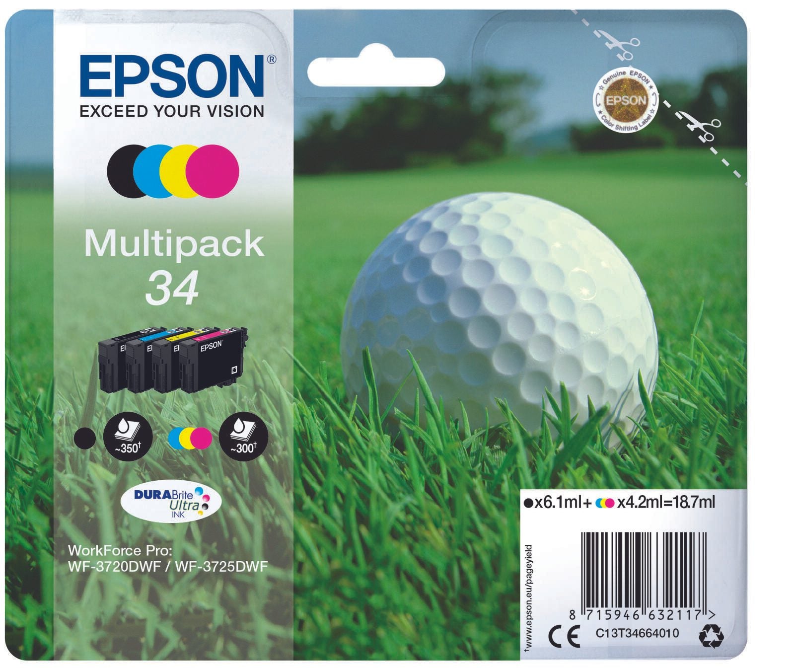 Epson Original 34 Golfball Druckerpatronen 4er Multipack BK/C/M/Y (C13T34664010)