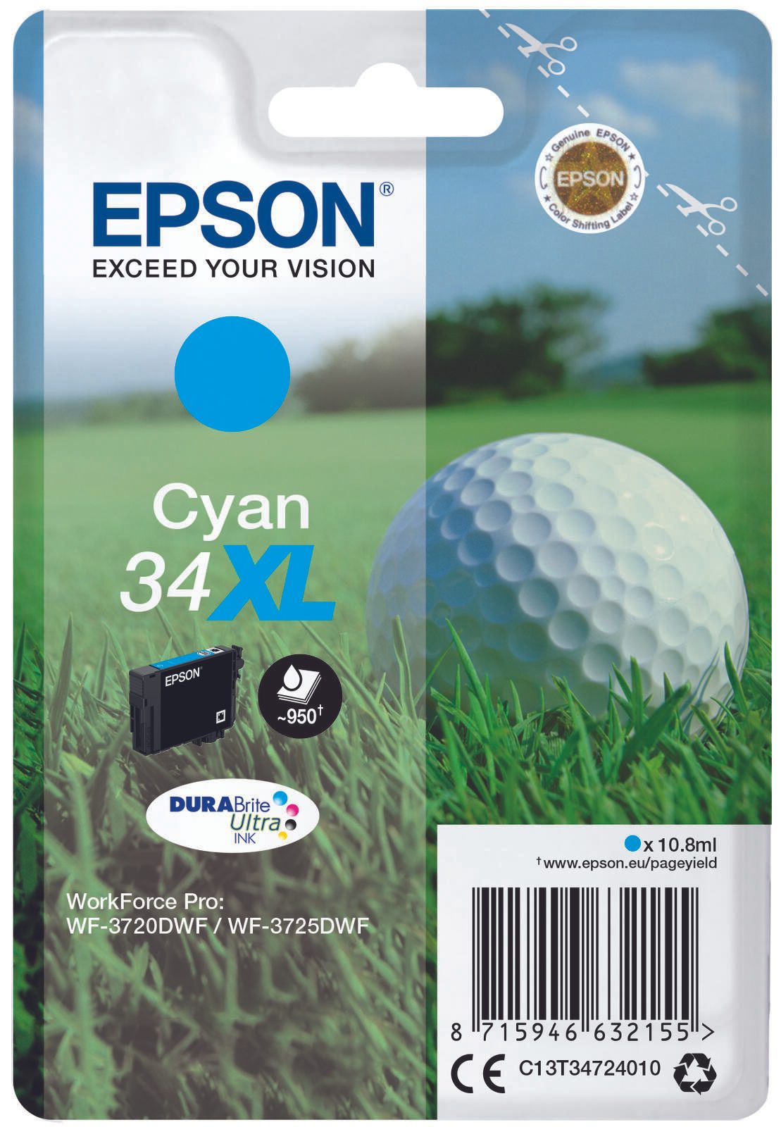 Epson Original 34XL Golfball Druckerpatrone cyan 950 Seiten 10,8ml (C13T34724010)