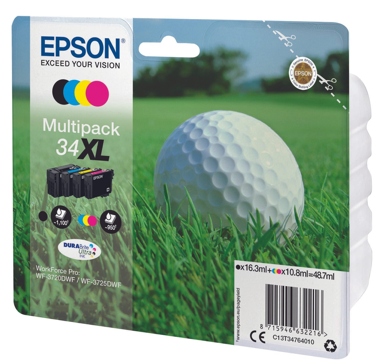 Epson Original 34XL Golfball Druckerpatrone 4er Multipack schwarz cyan magenta gelb (C13T34764010)