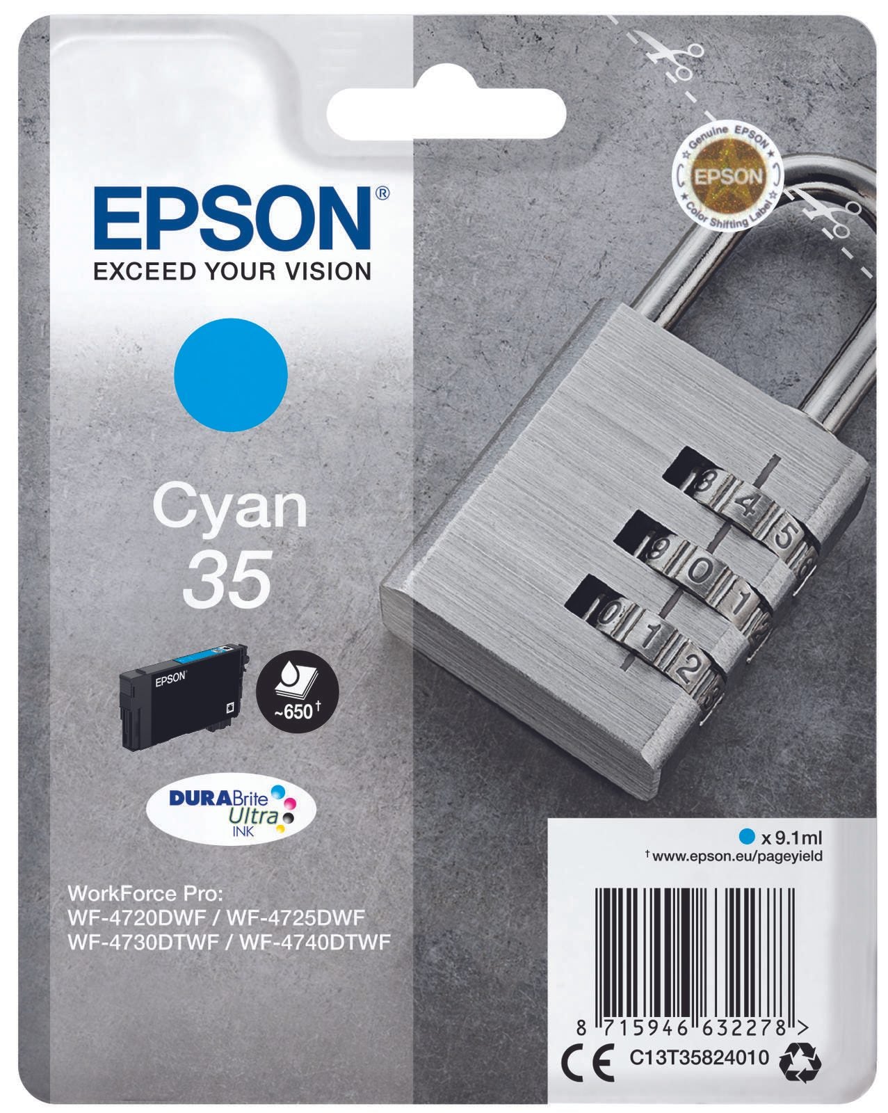 Epson Original 35 Schloss Druckerpatrone cyan 650 Seiten 9,1ml (C13T35824010)