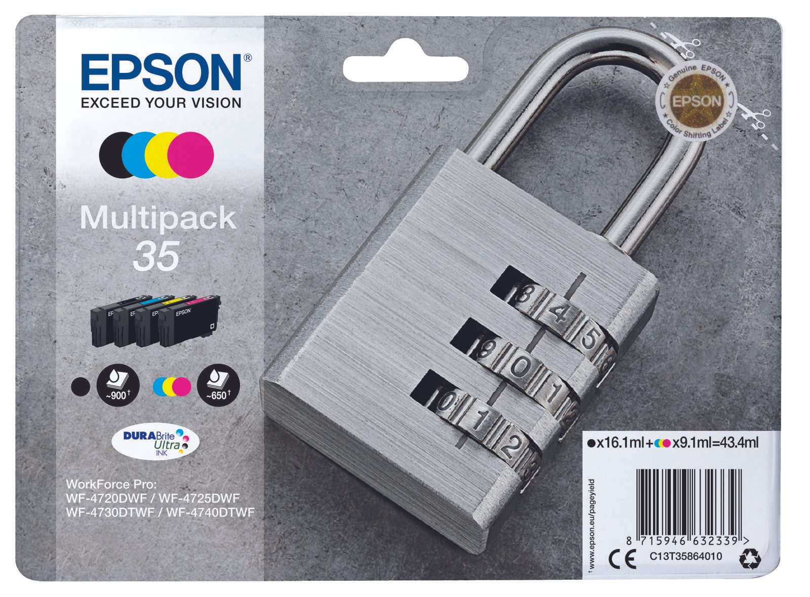 Epson Original 35 Schloss Druckerpatronen 4er Multipack schwarz cyan magenta gelb (C13T35864010)
