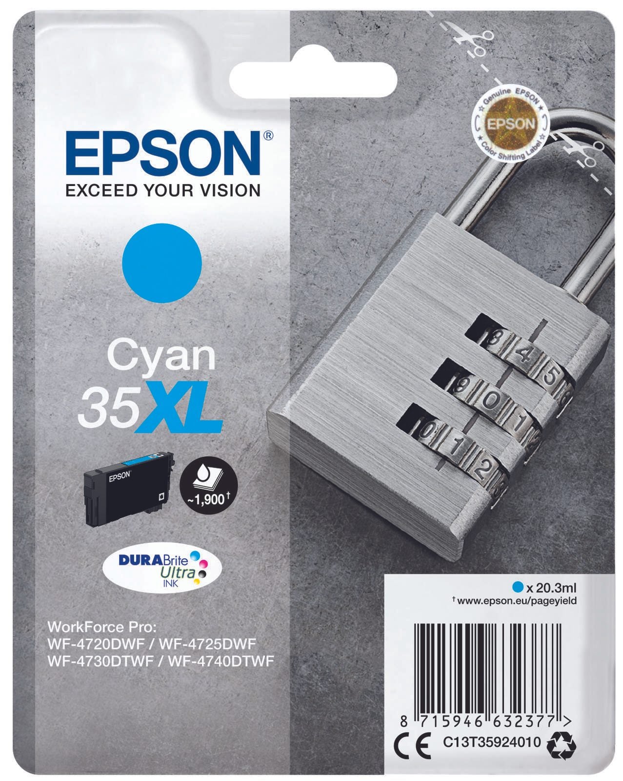 Epson Original 35XL Schloss Druckerpatrone cyan 1.900 Seiten 20,3ml (C13T35924010)