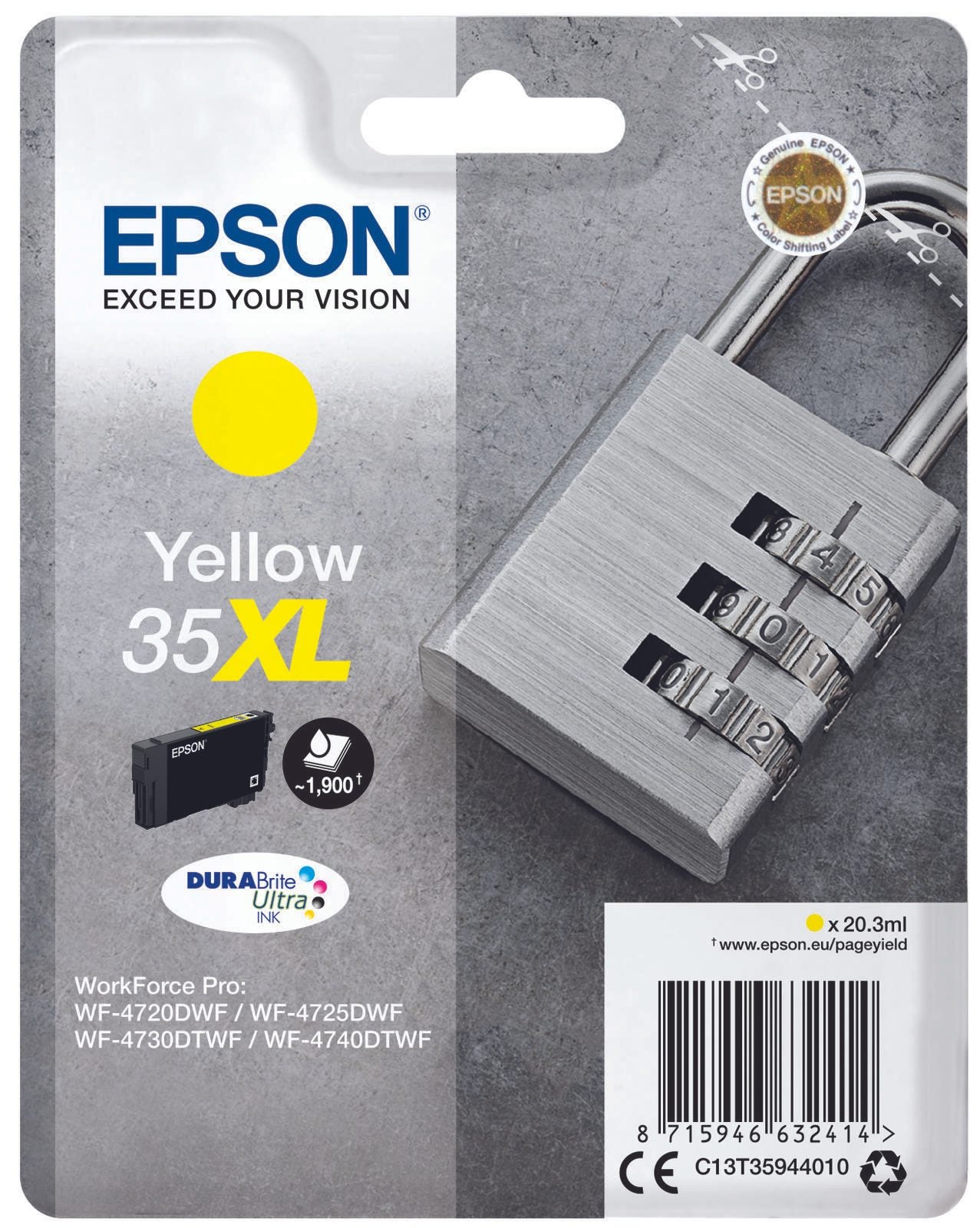 Epson Original 35XL Schloss Druckerpatrone gelb 1900 Seiten 20,3ml (C13T35944010)