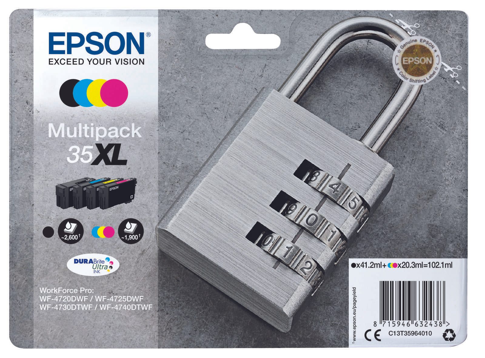 Epson Original 35XL Schloss Druckerpatronen 4er Multipack schwarz cyan magenta gelb (C13T35964010)