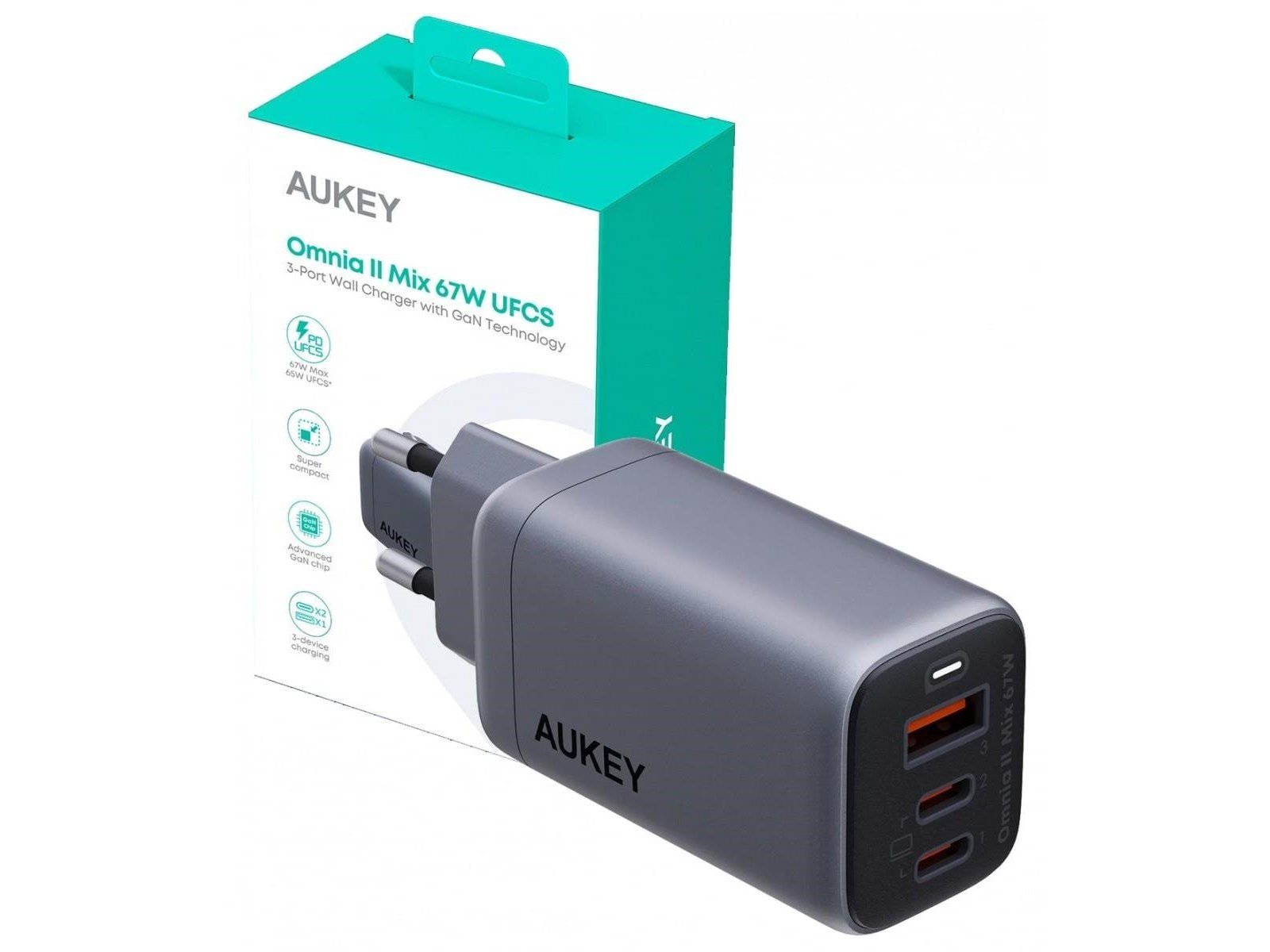 Aukey Wall charger PA-B6U 1xUSB-A 2xUSB-C 67W (gray)