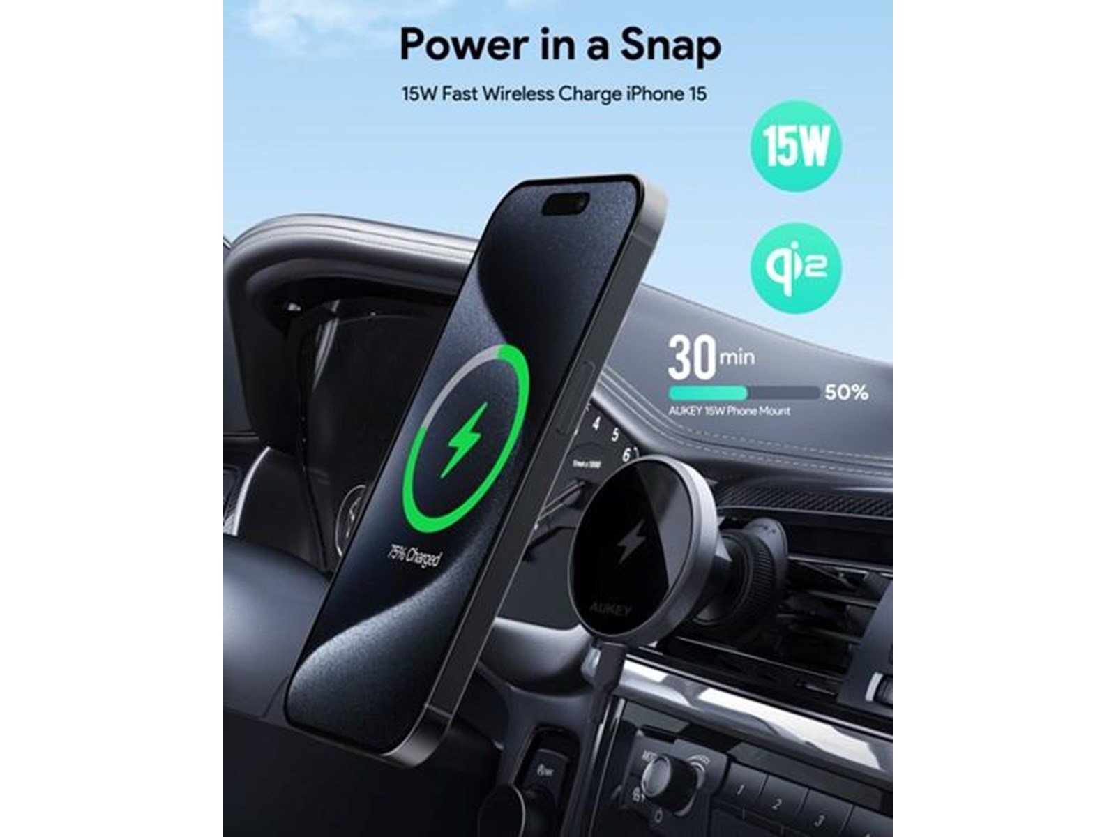 Aukey Car Phone Holder HD-MC13 with charger 15W Qi2 (black)