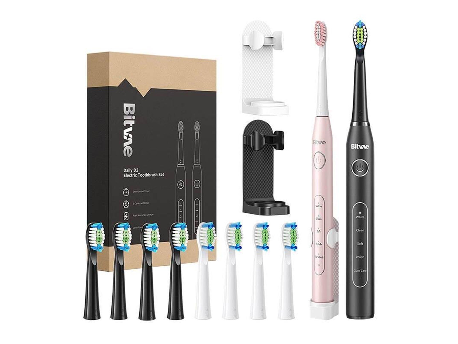 Bitvae Elektrische Zahnbürste Sonic toothbrushes with tips set and 2 toothbrush holders D2+D2 (pink and black)