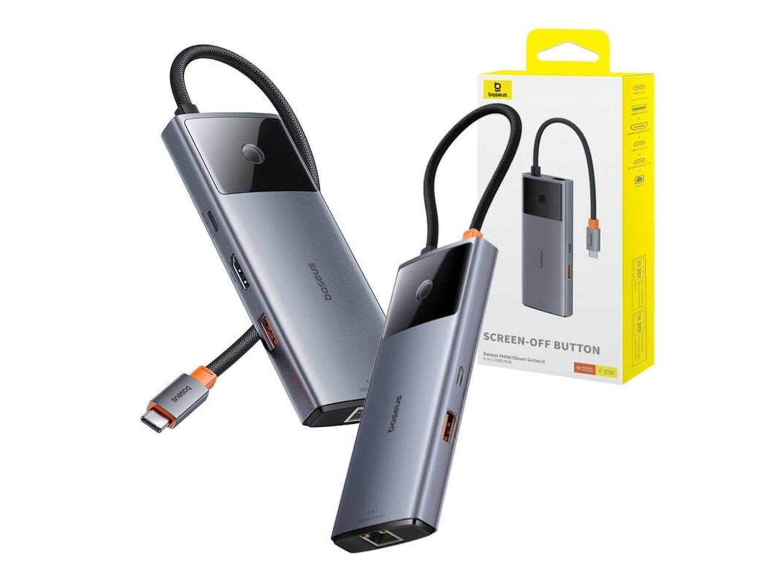 Baseus Hub 6in1 Metal Gleam 2 Series USB-C to 2xUSB 3.0 +USB-C + HDMI + USB-C PD + Ethernet RJ45 USB-Hubs - Grau
