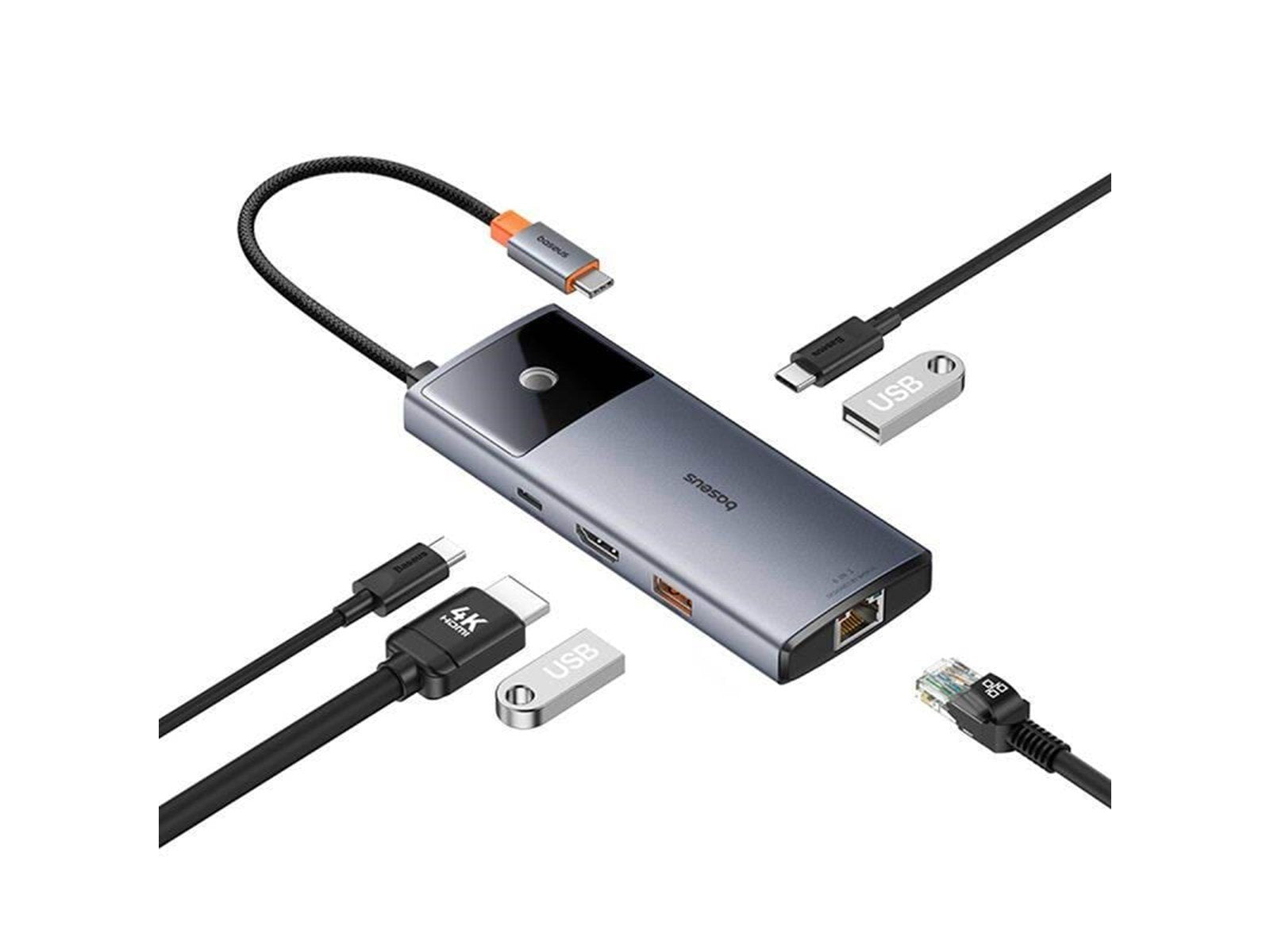 Baseus Hub 6in1 Metal Gleam 2 Series USB-C to 2xUSB 3.0 +USB-C + HDMI + USB-C PD + Ethernet RJ45 USB-Hubs - Grau