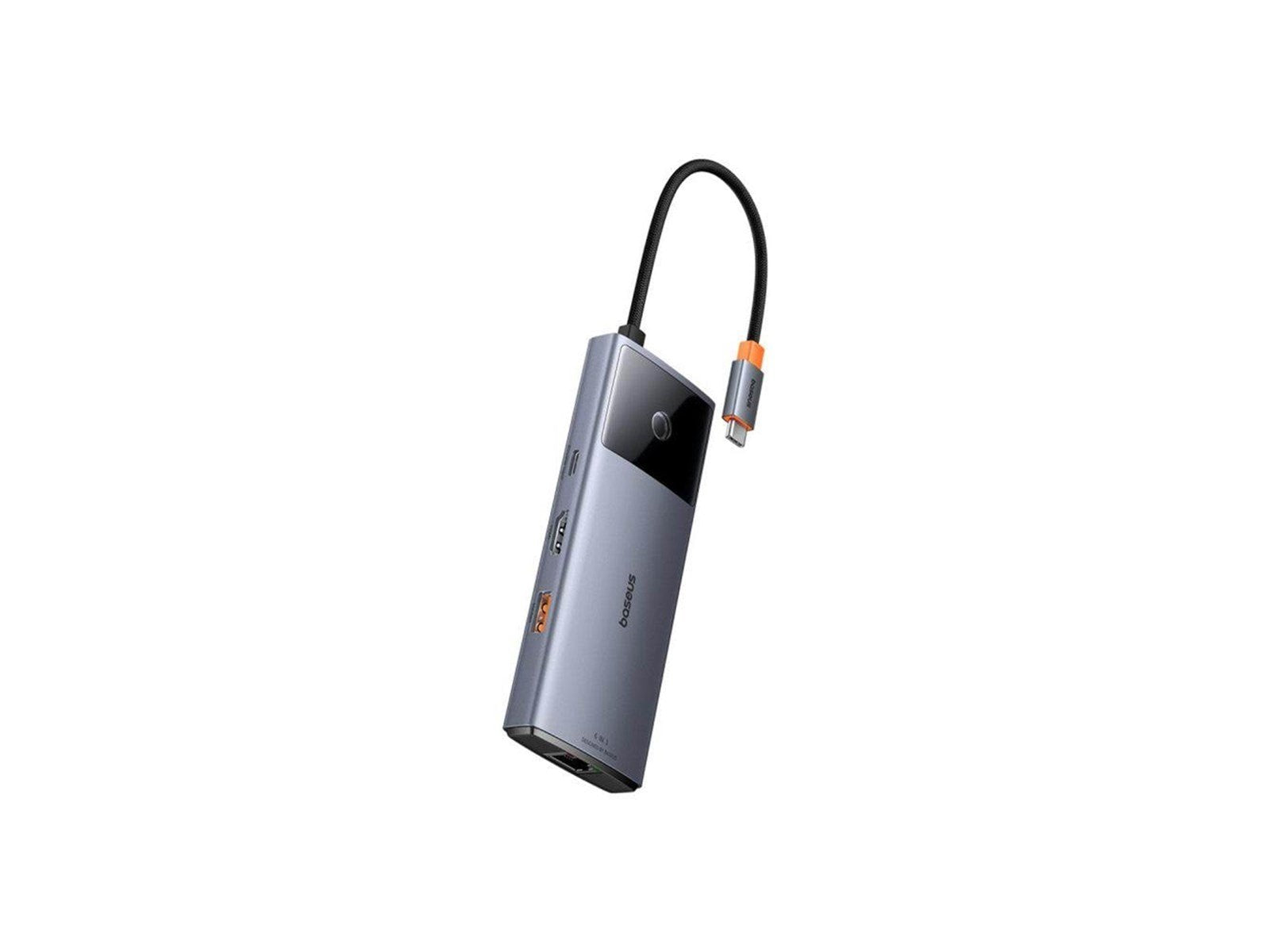 Baseus Hub 6in1 Metal Gleam 2 Series USB-C to 2xUSB 3.0 +USB-C + HDMI + USB-C PD + Ethernet RJ45 USB-Hubs - Grau