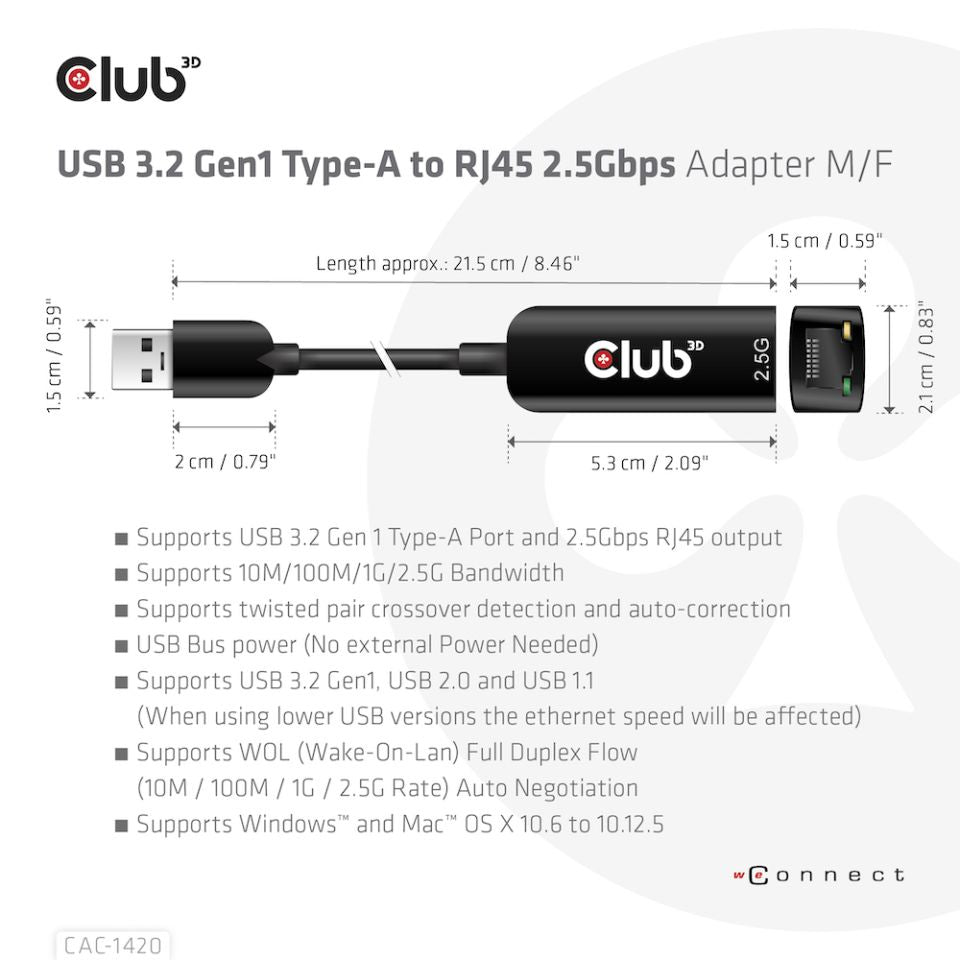 Club3D Adapter USB 3.2 Typ A > RJ-45 2.5Gb retail