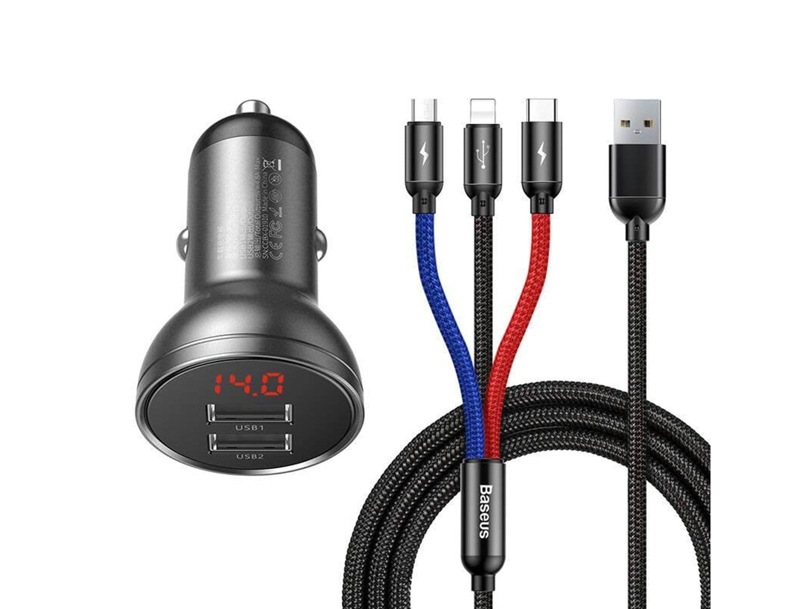 Baseus car charger with 24W display + 3in1 Three Primary Colors USB cable 1.2m