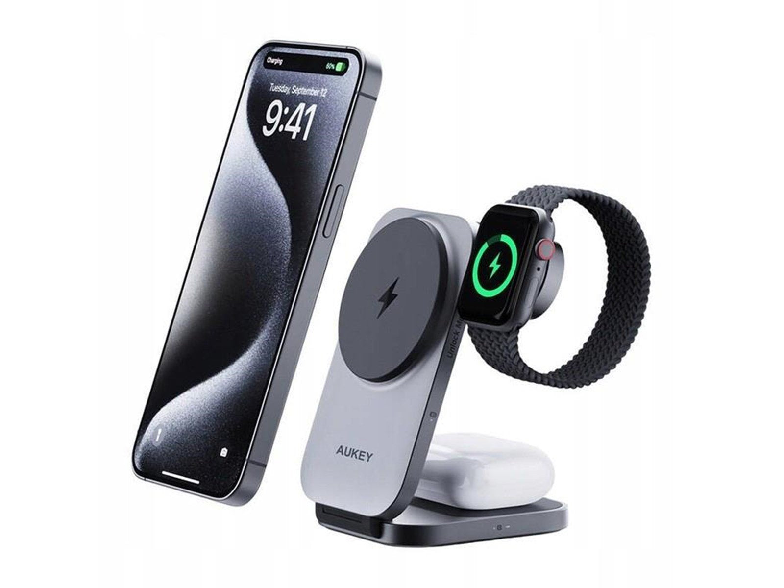 Aukey LC-MC312 MagFusion Z Qi2 3-in-1 Foldable Wireless Charging Station